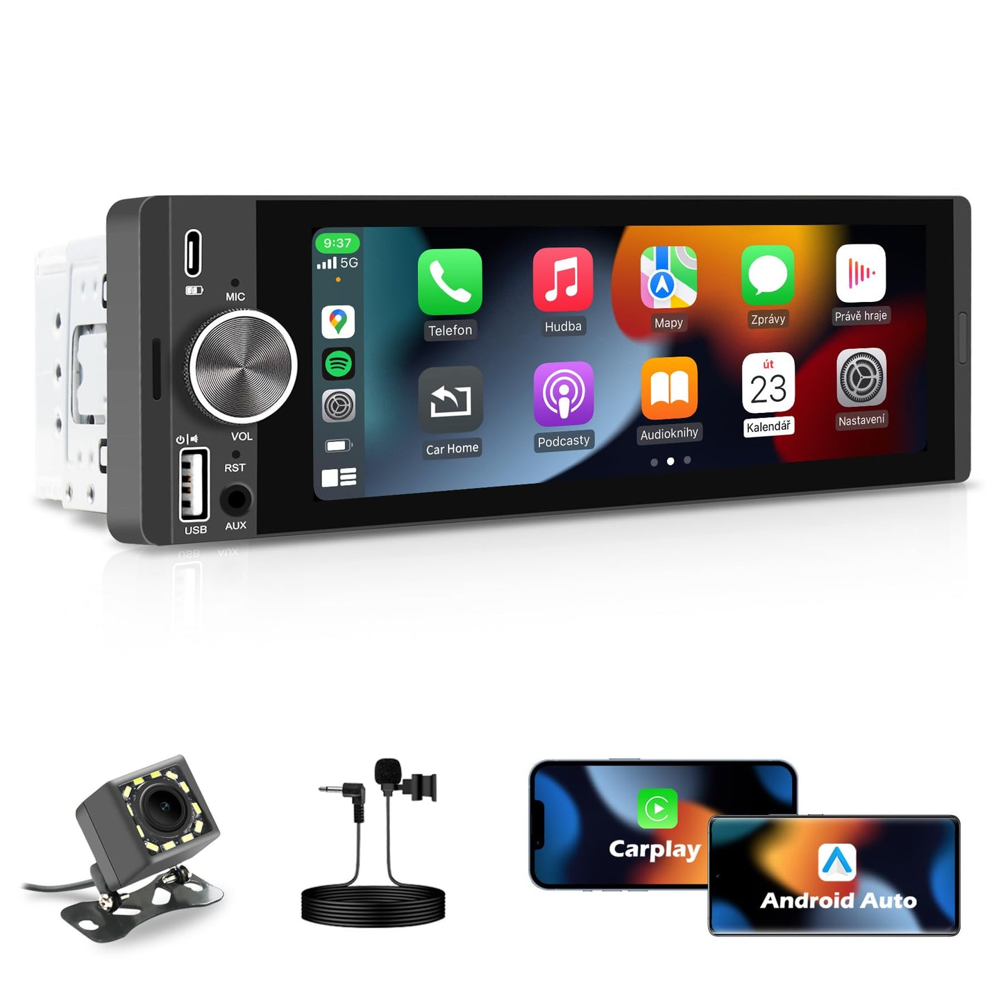 Autoradio ar displeju, Single-DIN, bezvadu CarPlay un Android Auto