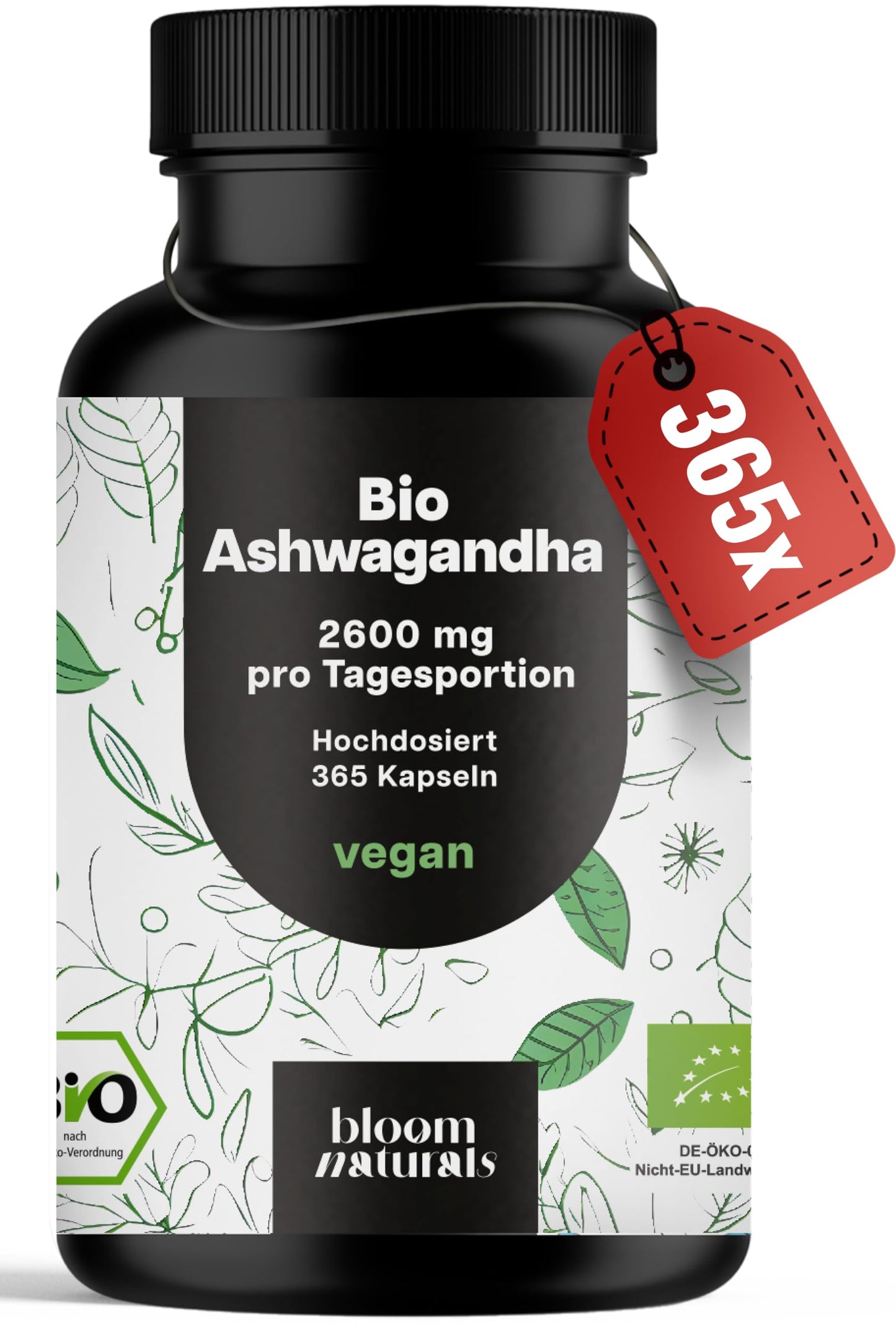 Bioloģiskās ašvagandas kapsulas, 365 kapsulas, 2600 mg KSM-66® dienā