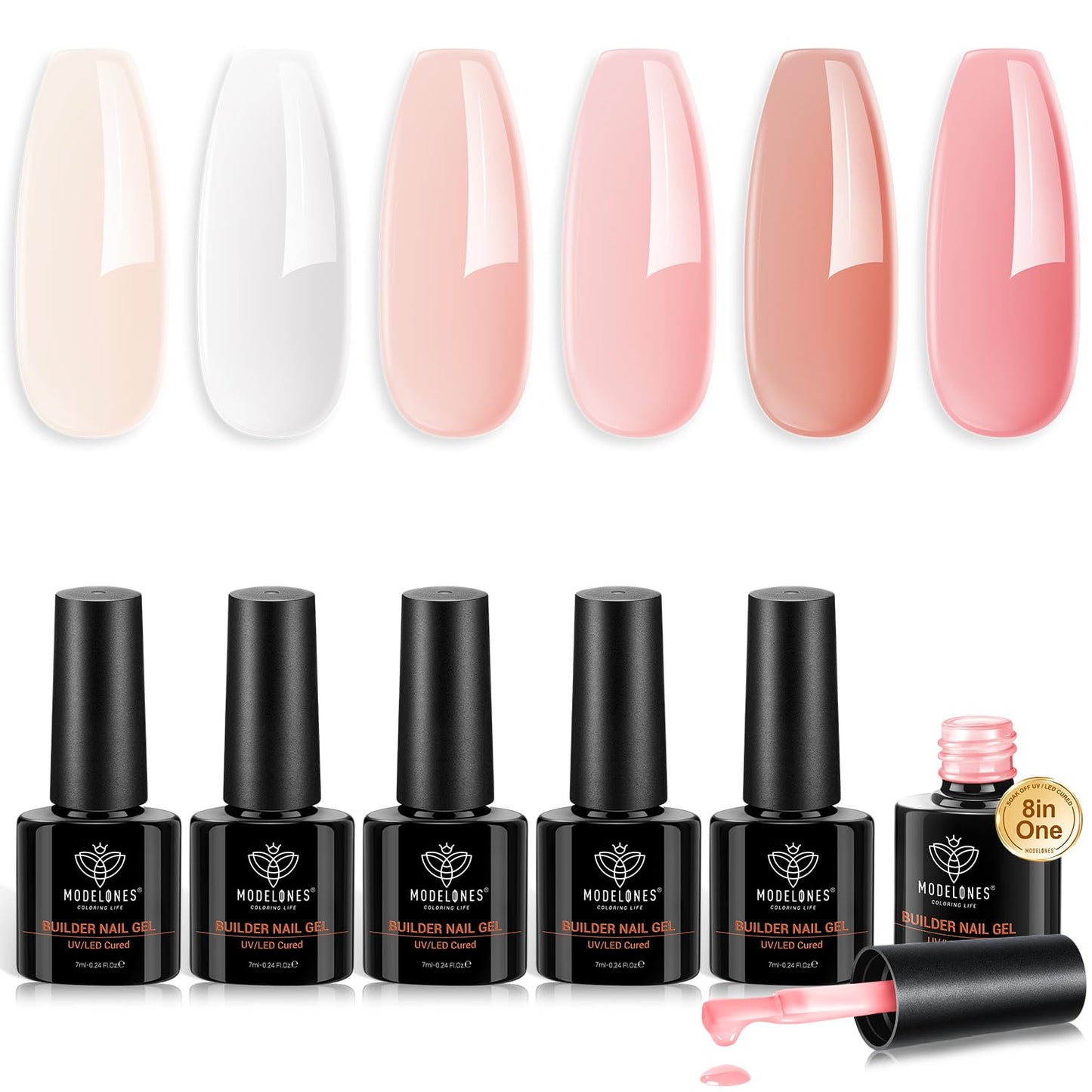 Būvjels nagiem MODELONES 8 in One Builder Gel, 6 krāsas Nude Rosa Clear, nagu pagarināšanai un modelēšanai