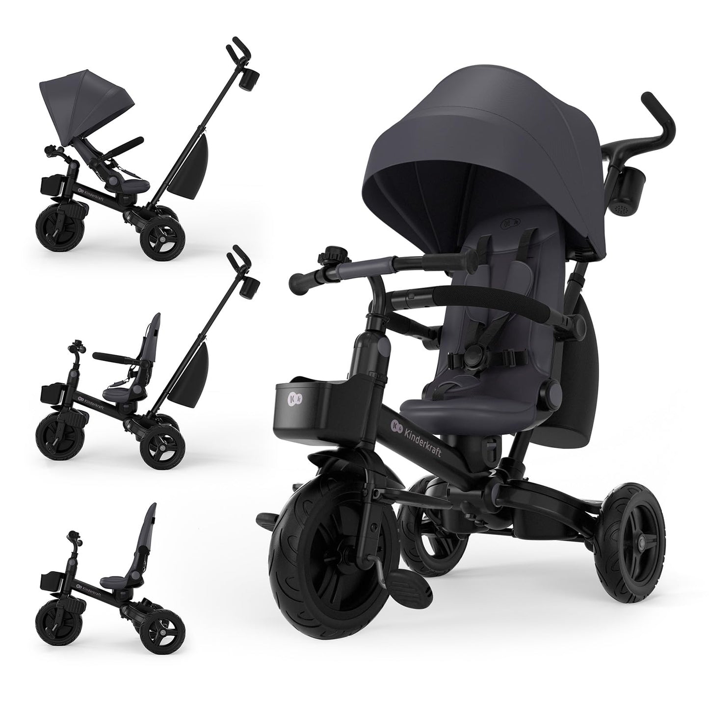 Bērnu trīsritenis Kinderkraft Aveo 2 PRO 6in1 ar Click&Twist sēdekli, salokāms, pelēks