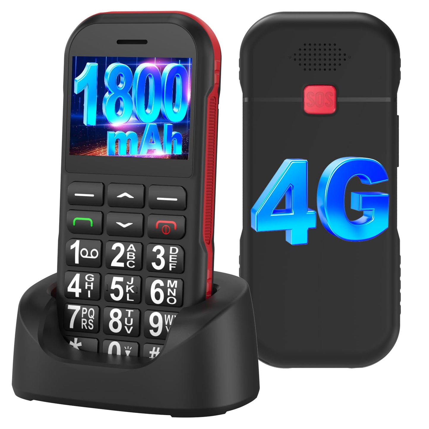 Senioru tālrunis CHAKEYAKE 4G ar lielām pogām, 1800mAh akumulators, USB-C, SOS funkcija, lukturītis un uzlādes stacija, melns