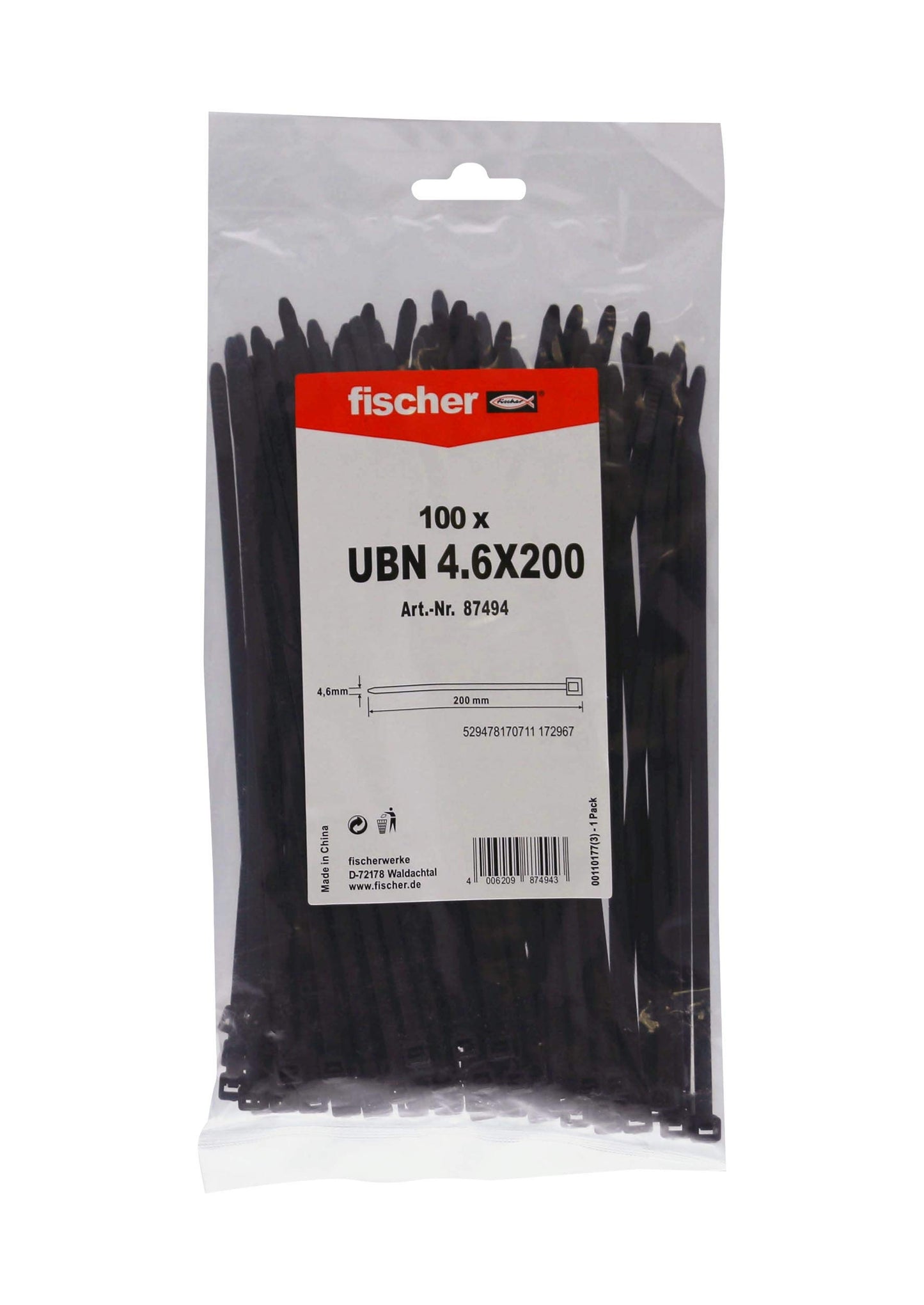 Kabeļu saites fischer UBN 4,6 x 200, augstas kvalitātes kabeļu savilcēji kabeļu un cauruļu vienkāršai saiņošanai, melnas, 100 gab., Art.-Nr. 87494