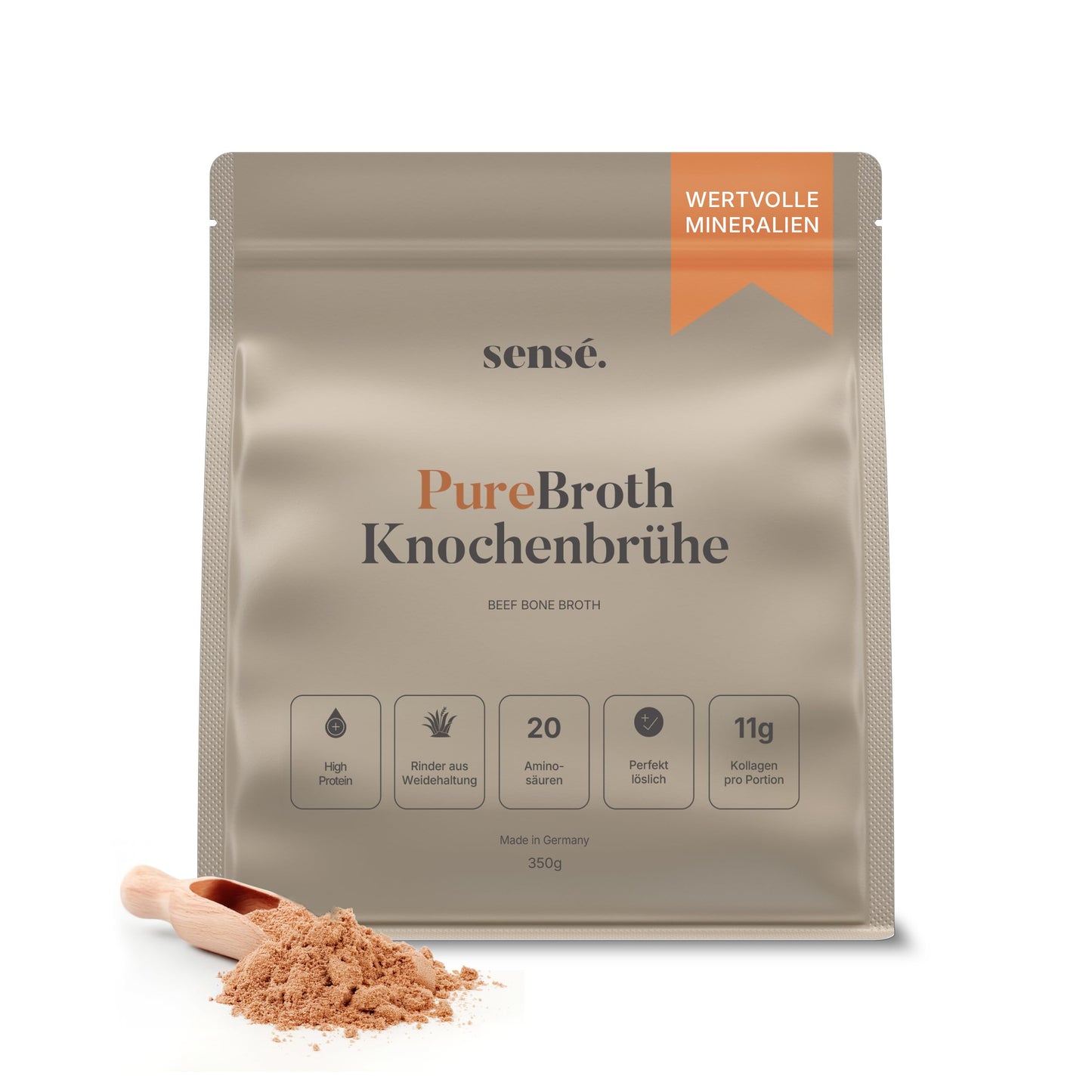 sensé. kaulu buljona pulveris no ganībās audzētas liellopu gaļas, no Vācijas, Bioaktiv, 350g, Collagen Typ 1,2 & 3 | locītavām, zarnām un ādai | augsts olbaltumvielu saturs | Leaky Gut, Keto | Bone Broth