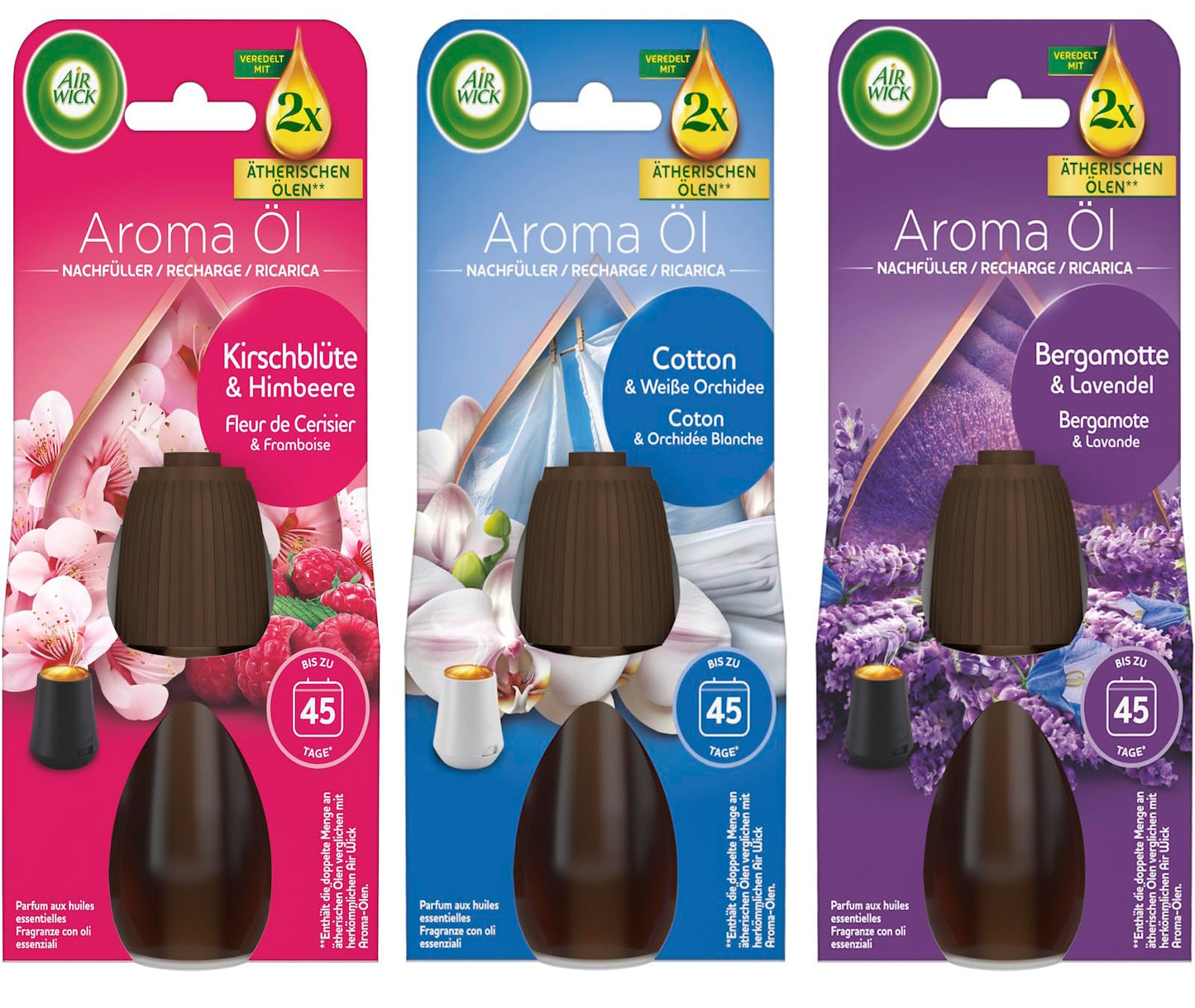 Aromātiskās eļļas uzpilde Air Wick Aroma-Öl, ziedu aromātu komplekts: 1x20ml Cotton & White Orchid, 1x 20ml Bergamot & Lavender un 1x20ml Cherry Blossom & Raspberry