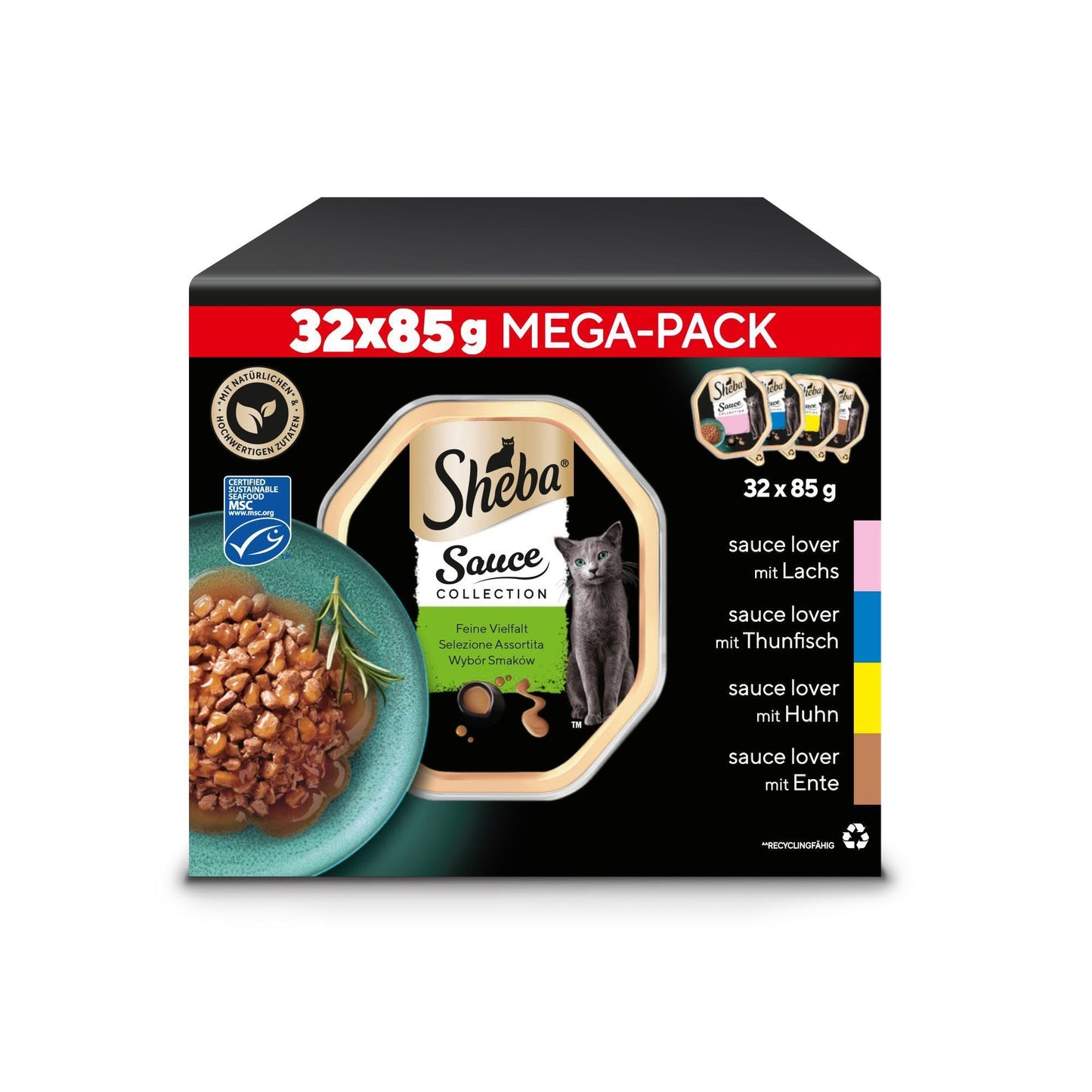 SHEBA mitrais kaķu barības multipaka Mega-Pack Sauce Collection, smalka izlase, MSC sertificēts 32 x 85g