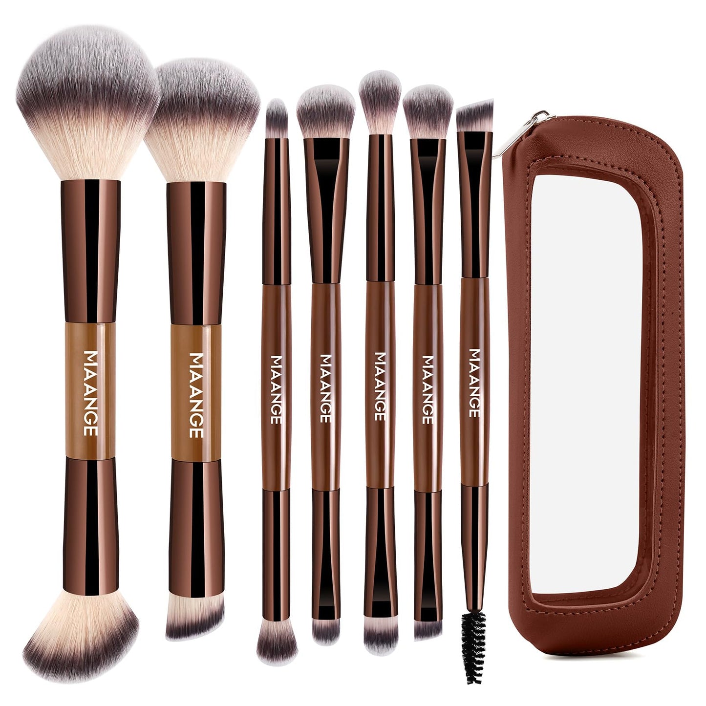 MAANGE Make-up otu komplekts – 7 daļīgs + futrālis – profesionāls kosmētikas otu komplekts tonālajam krēmam, acu ēnām un pūderim, ar divpusēju 2-in-1 otu, kafijas zelta krāsā