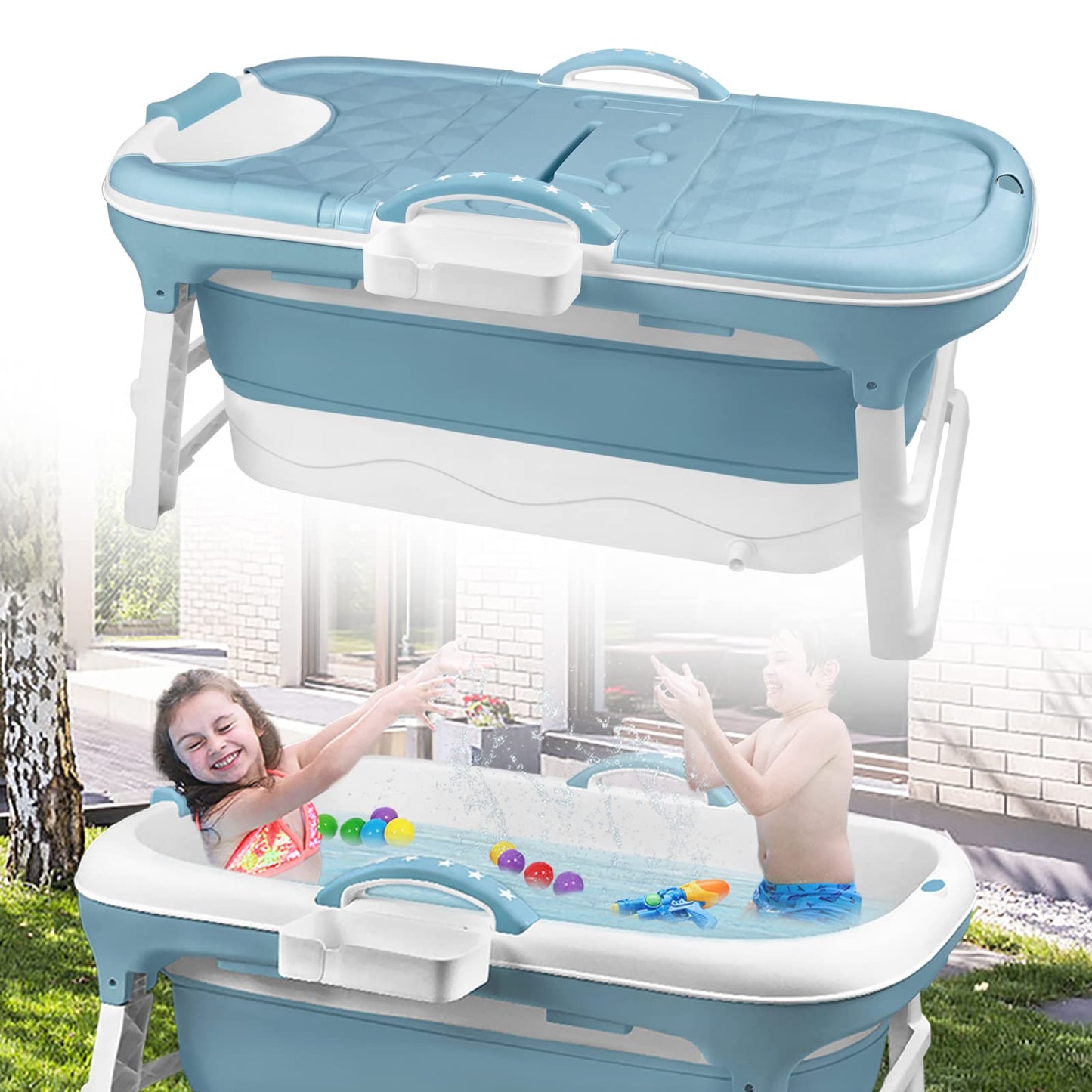 LILIIN saliekama vanna pieaugušajiem 112 x 62 x 52 cm, salokāma mobilā pārnēsājamā vanna ar vāku un masāžas rullīšiem, ziepju grozu, bieza plastmasas pārnēsājamā vanna - zila