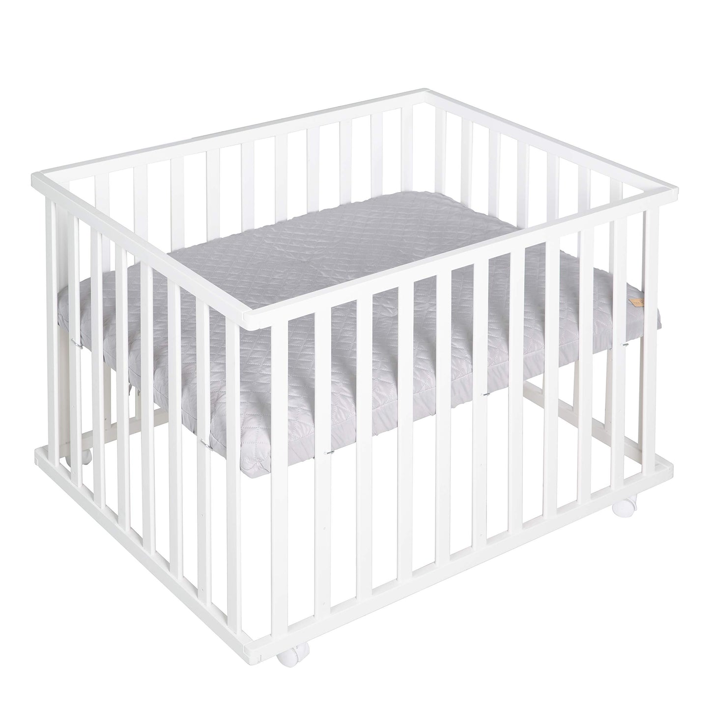roba sētiņa 75 x 100 cm - bērnu rotaļu sētiņa + ieliktnis roba Style pelēks - 3 pakāpju augstumā regulējama - pārvietojama sētiņa ar ritentiņiem - balts koks