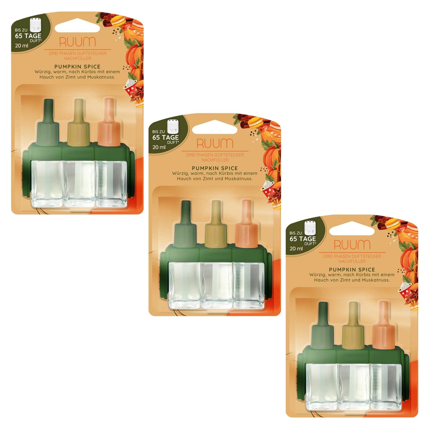 Gaisa atsvaidzinātāja uzpildes flakoni 3 gab. pa 20 ml RUUM Pumpkin Spice – augstākās kvalitātes telpu aromāta uzpilde – saderīga ar Febreze un Ambi Pur 3Volution aromāta elektriskajiem difuzoriem
