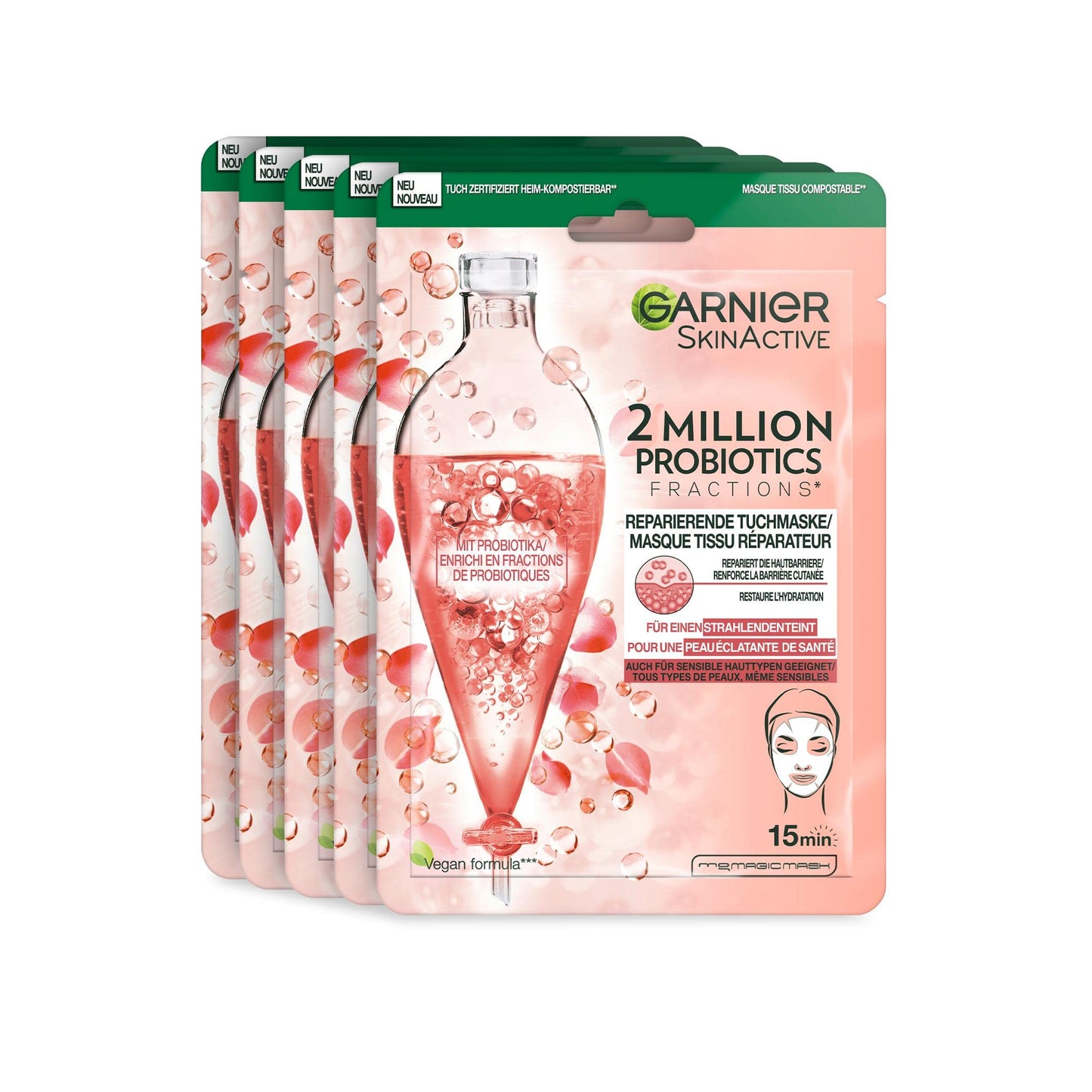 Sejas maska sausai un blāvai ādai Garnier Reparierende Tuchmaske SkinActive 2 Million Probiotics, mitrinoša un mirdzumu piešķiroša, 5 gab.