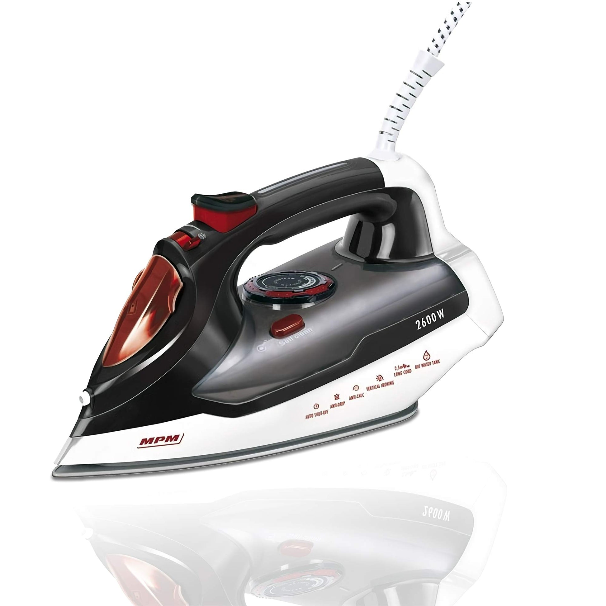 MPM MZE-17 Steam Iron - Ceramic soleplate, vertical steam, self-cleaning, 430ml tank, 2600W, 7 functions, drip stop.