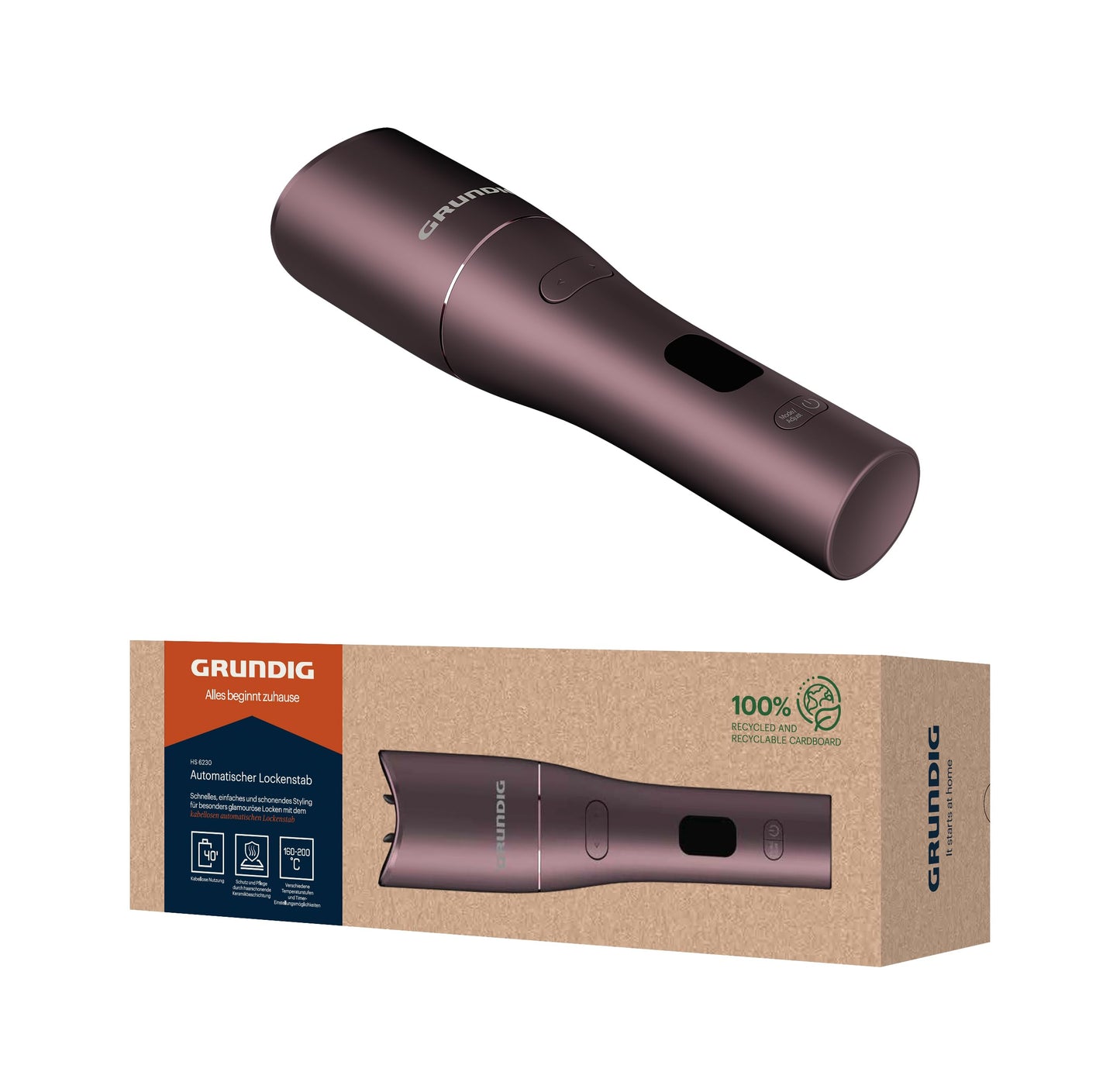 Grundig EasyCurl, automātiskais lokšķēres, HS 6230, lielie un mazie loki, gariem un īsiem matiem, bezvadu, akumulatora darbināts, 3 temperatūras līmeņi, keramikas pārklājums, taimeris, LCD, Violets