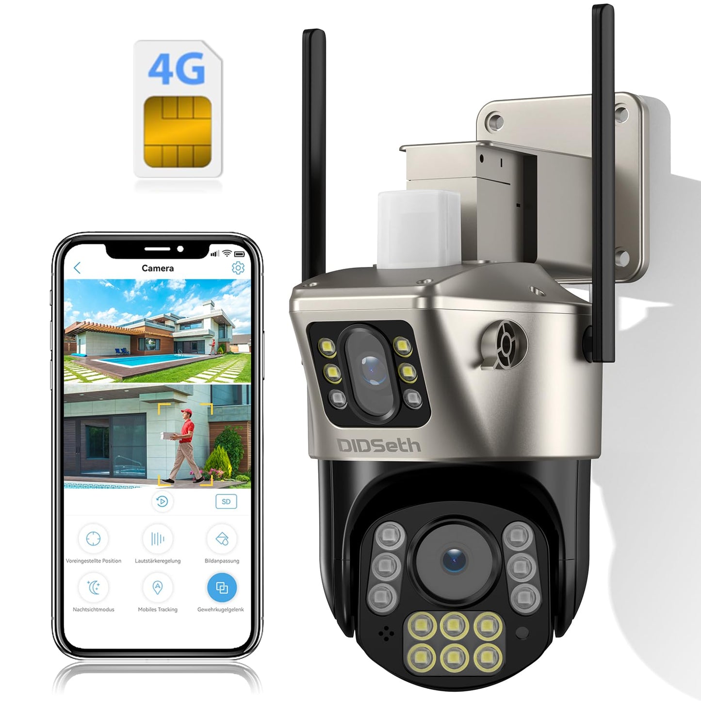 DIDseth 4G LTE uzraudzības kamera ārā ar diviem objektīviem, 4MP uzraudzības kamera ārā ar SIM karti, PTZ kamera ārā ar krāsu nakts redzamību, AI cilvēku atpazīšana, automātiskā sekošana, IP66