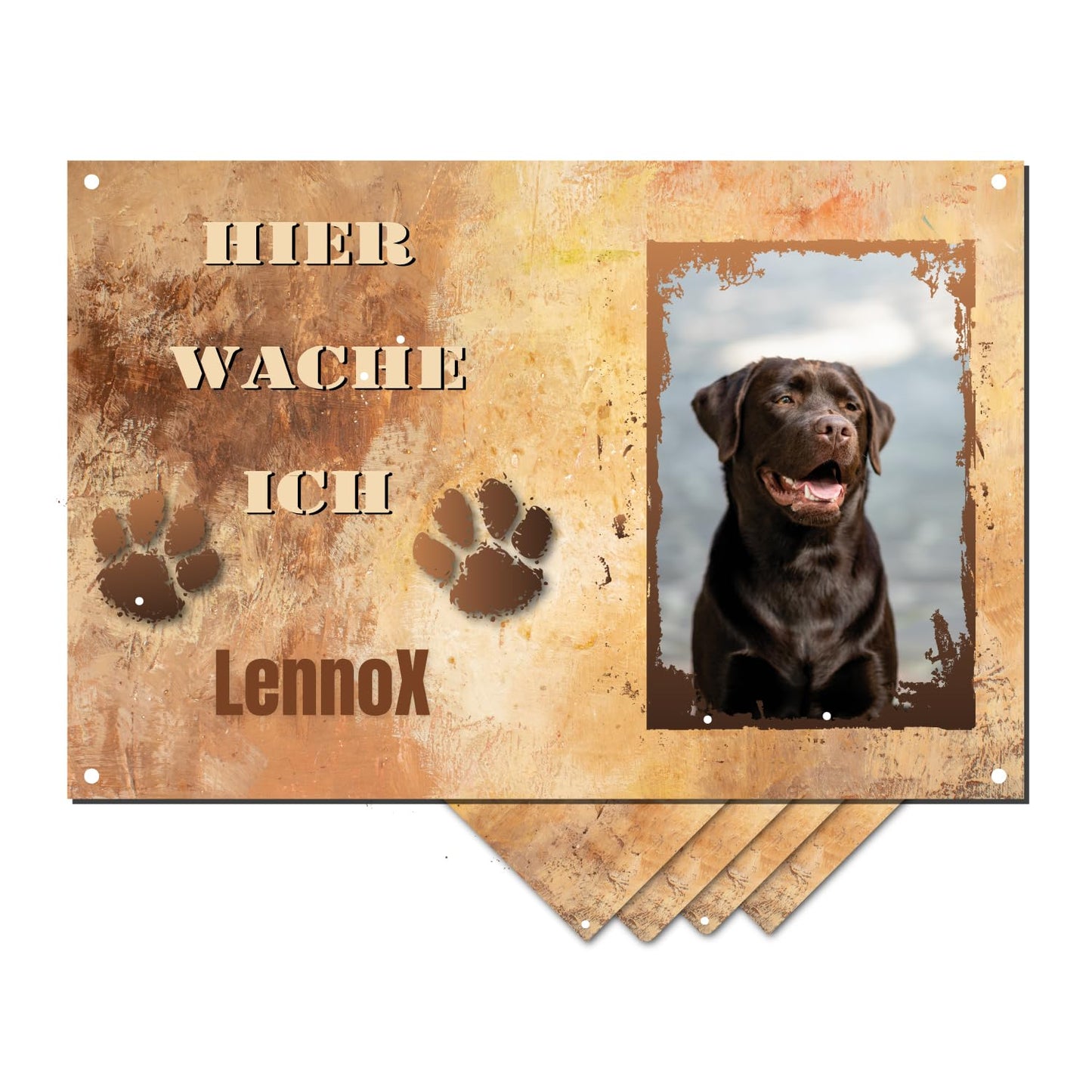 Personalizēta suņa zīme 30×20 cm ar foto un vēlamo tekstu/vārdu, kvalitatīva druka, laikapstākļiem un UV izturīga, ārdurvīm, žogam, dārzam