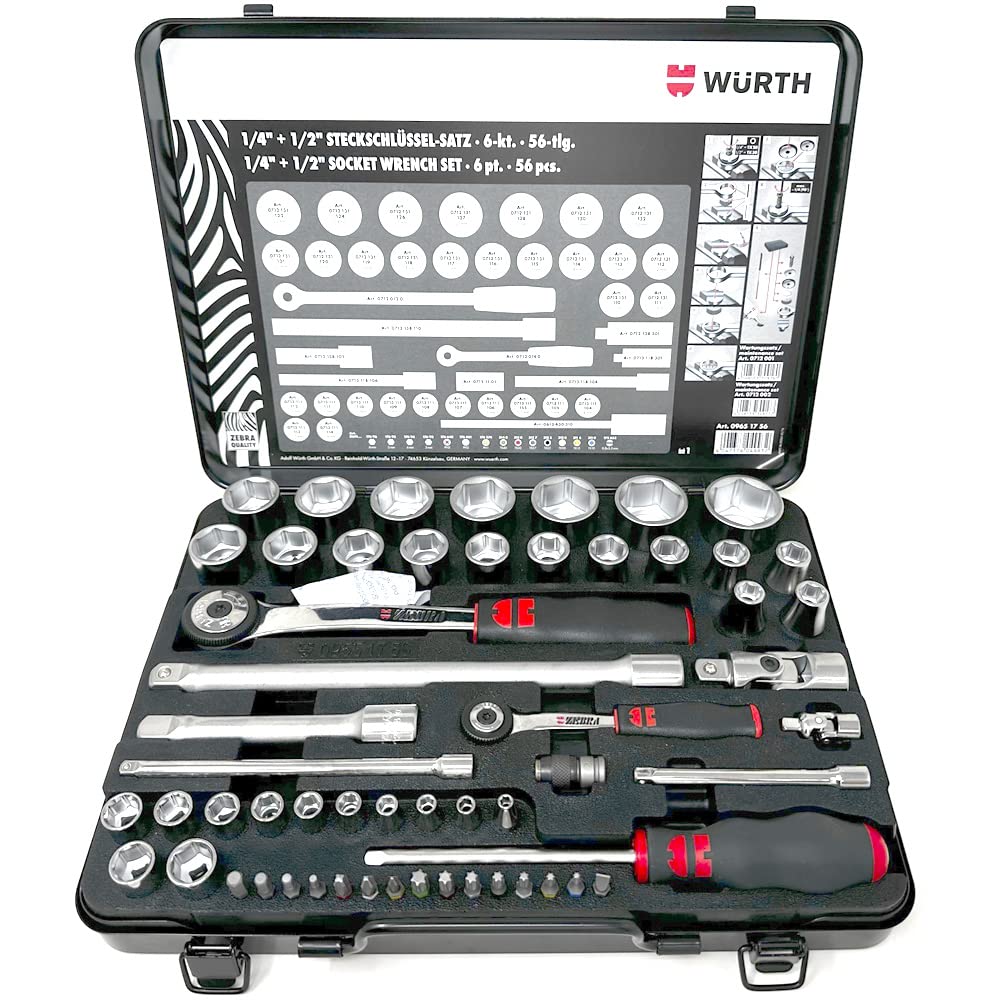 Šoferu galvu komplekts Würth Zebra 1/4 + 1/2 collu, 6-kant, 56 daļas metāla kārbā