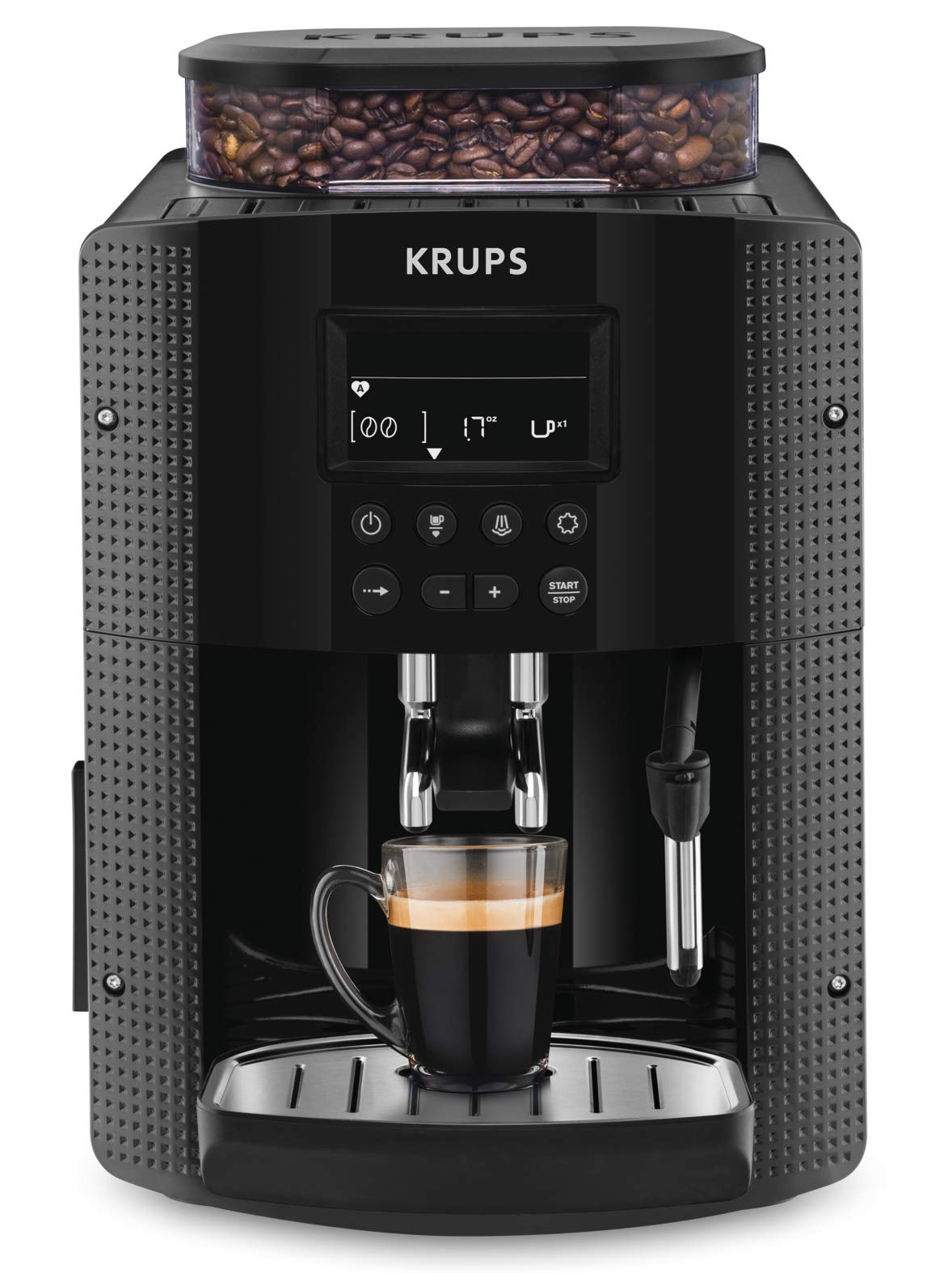 Krups Essential kafijas automāts - pupiņu dzirnaviņas, LCD displejs, automātiskā tīrīšana, melna, kapučīno tvaika sprausla