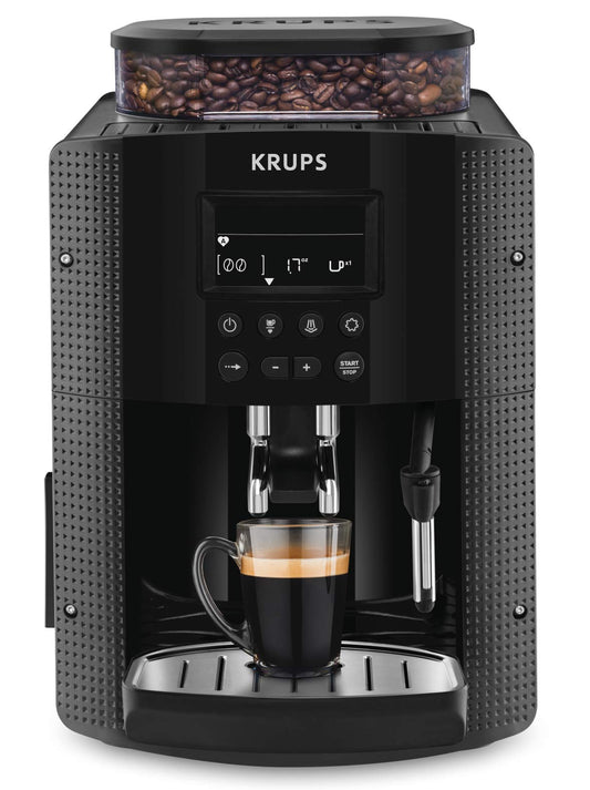 Krups Essential kafijas automāts - pupiņu dzirnaviņas, LCD displejs, automātiskā tīrīšana, melna, kapučīno tvaika sprausla