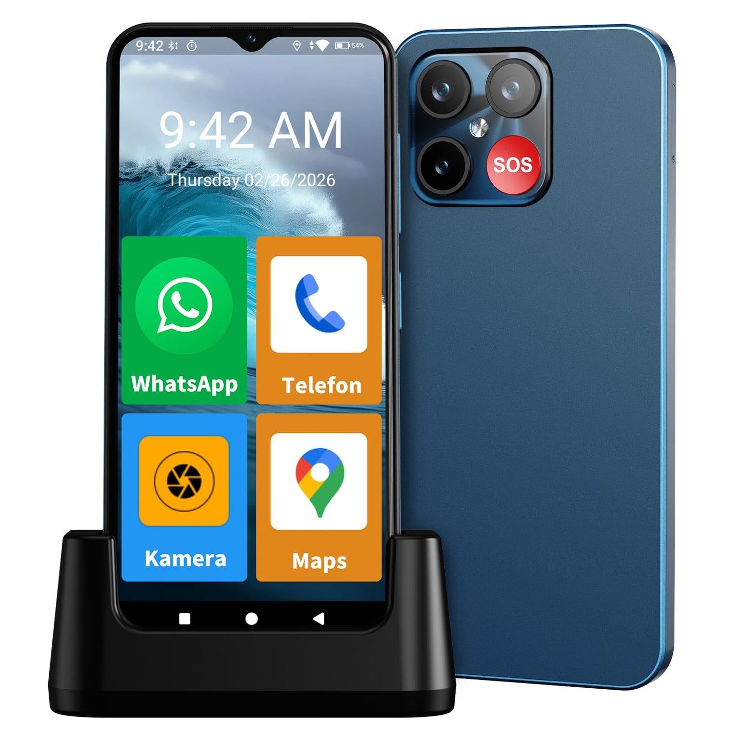 4G senioru telefons viedtālrunis bez līguma, 4+64GB, Dual-SIM, 6,6 collu, zils