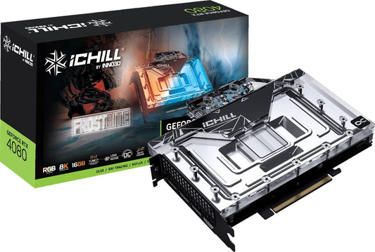 Inno3D GeForce RTX 4080 16GB iCHILL Frostbite - High-performance GPU with advanced cooling and RGB lighting.