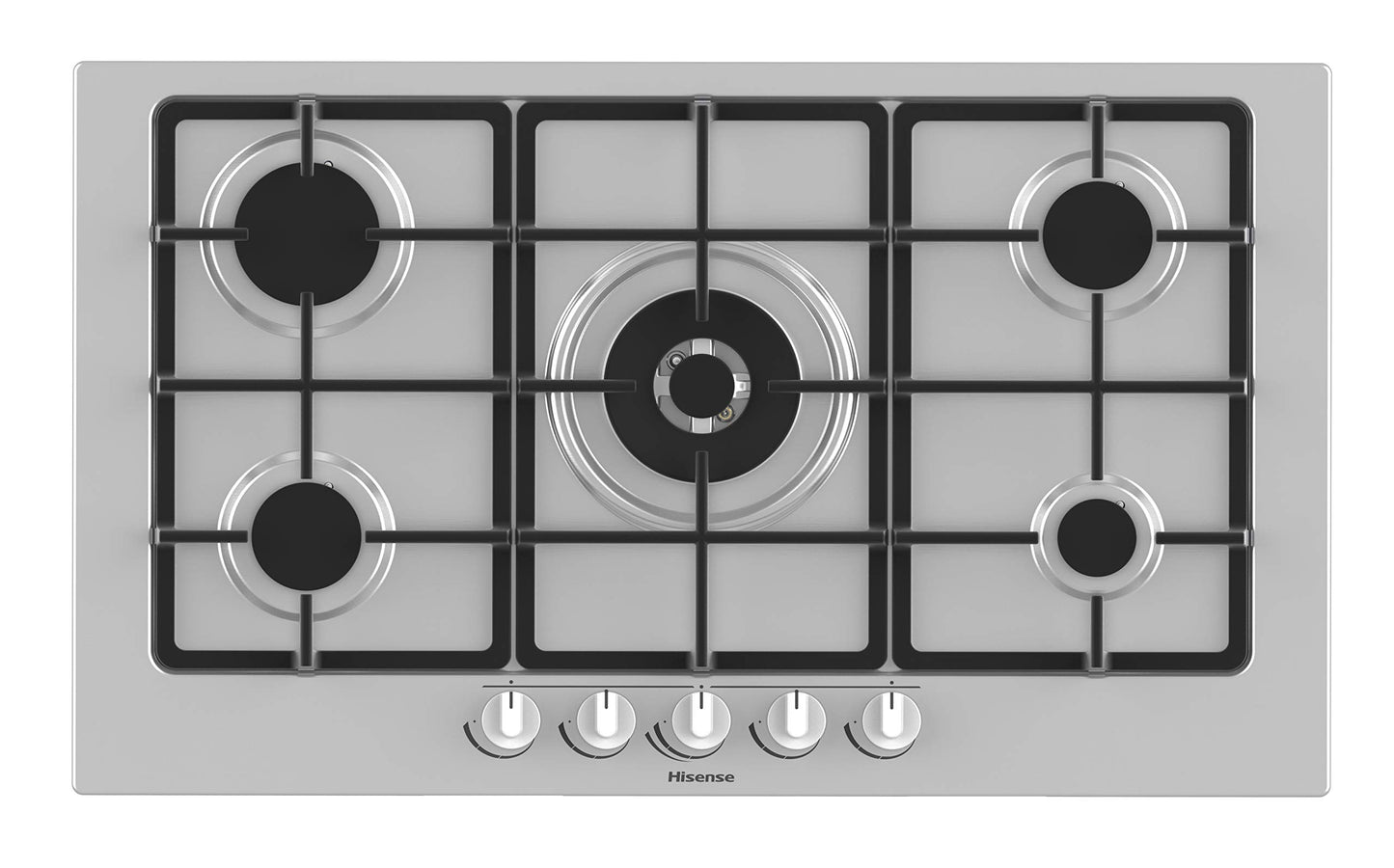 Hisense GM973XF gāzes plīts, 5 gatavošanas zonas, platums 90 cm, čuguna grils, integrēta aizdedze, pretpirkstu nospiedumu, wok degļa.
