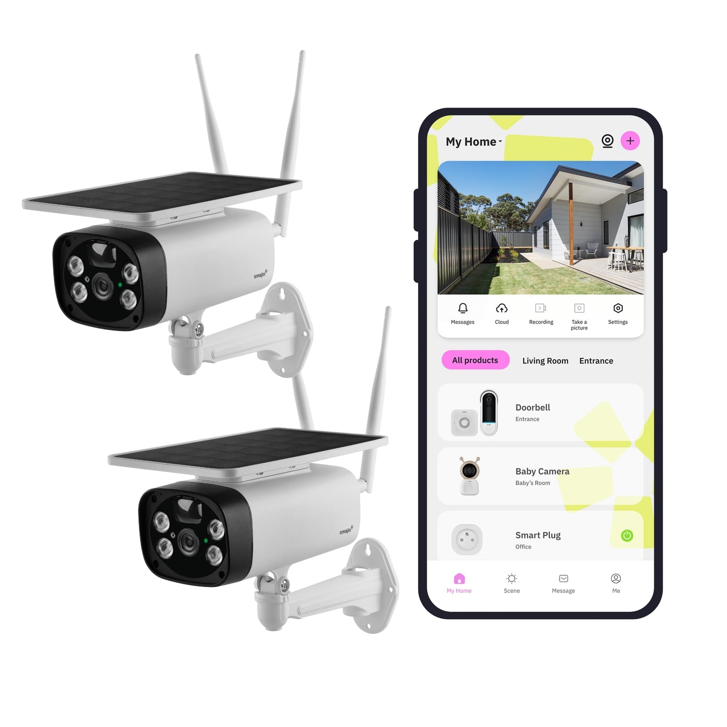 OMAJIN by Netatmo, komplekts ar 2 saules kamerām āra, 1080P HD, nakts redzamība, 105 dB, bezvadu, cilvēku/kustību/ skaņas atpazīšana, divvirzienu audio, 32 GB SD iekļauts, mākoņkrātuve, IP55, OBU-2OSC
