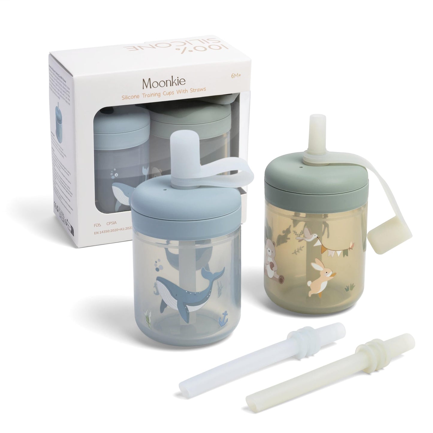 Mācību krūzīte Moonkie Baby 2 gab. komplekts, 150ml, silikona salmiņu krūzīte bērnam no 6 mēnešiem ar 2 salmiņiem un vāku, BPA free, mazgājama trauku mazgājamajā mašīnā
