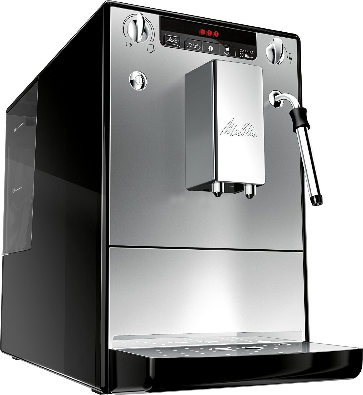 Melitta Solo & Milk - slaids kafijas automāts ar piena putotāju, noņemamu ūdens tvertni, sudraba krāsā.