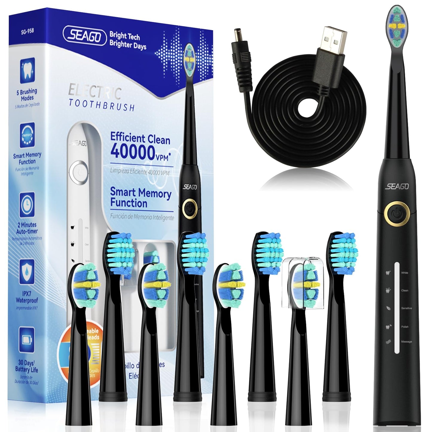 Seago elektriskā zobu birste – skaņas zobu birste ar 40000VPM, 5 režīmi, 8 uzgaļi, USB uzlāde, IPX7, SG-958 (melna)