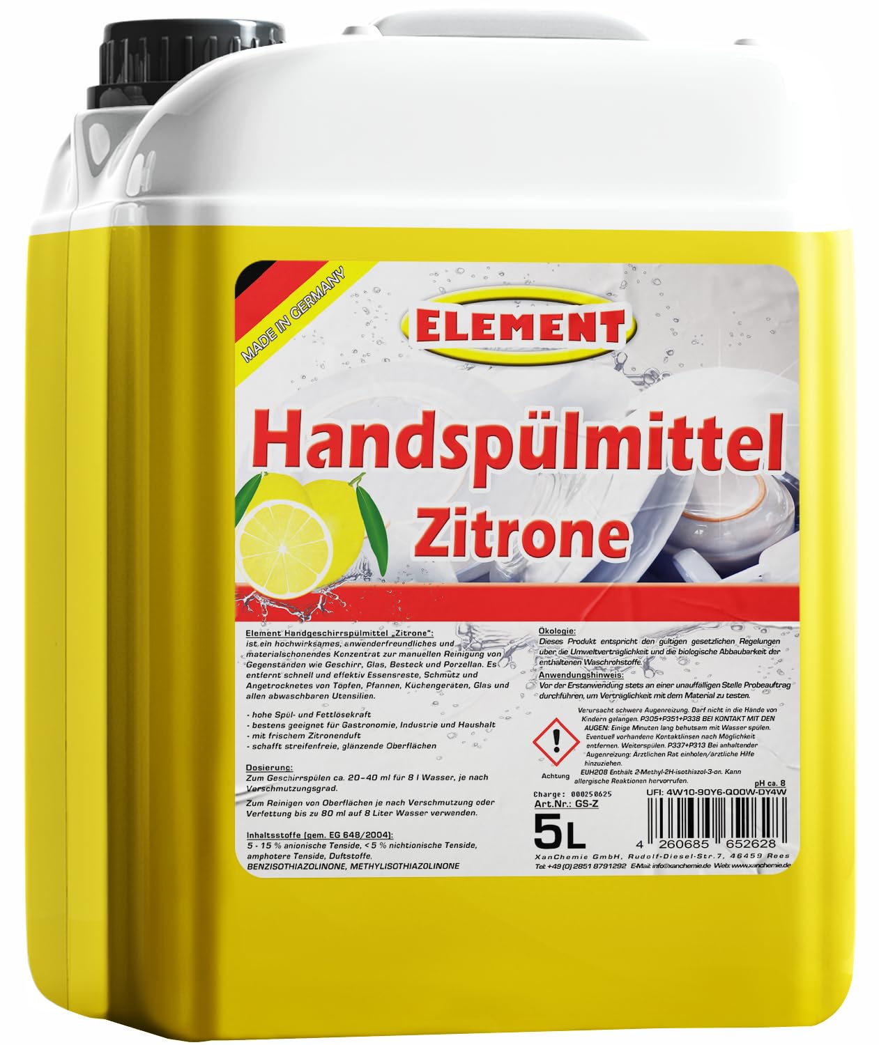 Trauku mazgāšanas līdzeklis | roku trauku mazgāšanas līdzeklis | citrons | 5 Liter Kanister | ar augstu tauku šķīdināšanas spēku | trauku tīrīšanas līdzeklis