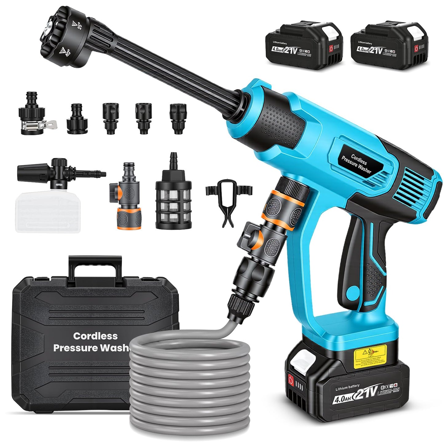 Akumulatora augstspiediena mazgātājs 100bar, mobils mazgātājs Makita 18V akumulatoriem, ar 2×4.0Ah akumulatoriem, 6-in-1 sprauslu, putu smidzinātāju, filtra tvertni, 5M šļūteni