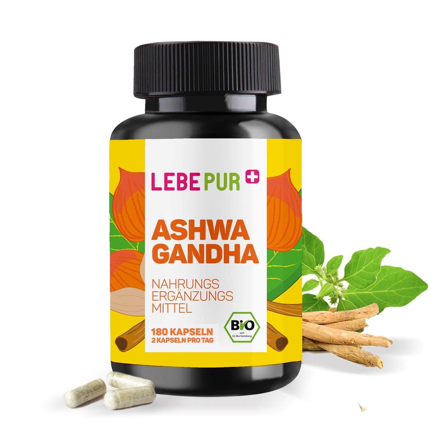 Ašvaganda kapsulas Lebepur Bio, 1000 mg dienas deva, 180 kapsulas, tīrs bio sakņu pulveris, augsta deva, vegānas, 3 mēnešu krājums, bez pildvielām