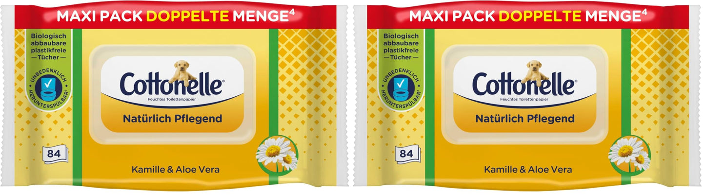 Mitrās tualetes salvetes Cottonelle ar kumelītēm un alveju, dabīgi kopjošas, bioloģiski noārdāmas, bez plastmasas, atkārtoti aizveramas, 2 iepakojumi pa 84 salvetēm