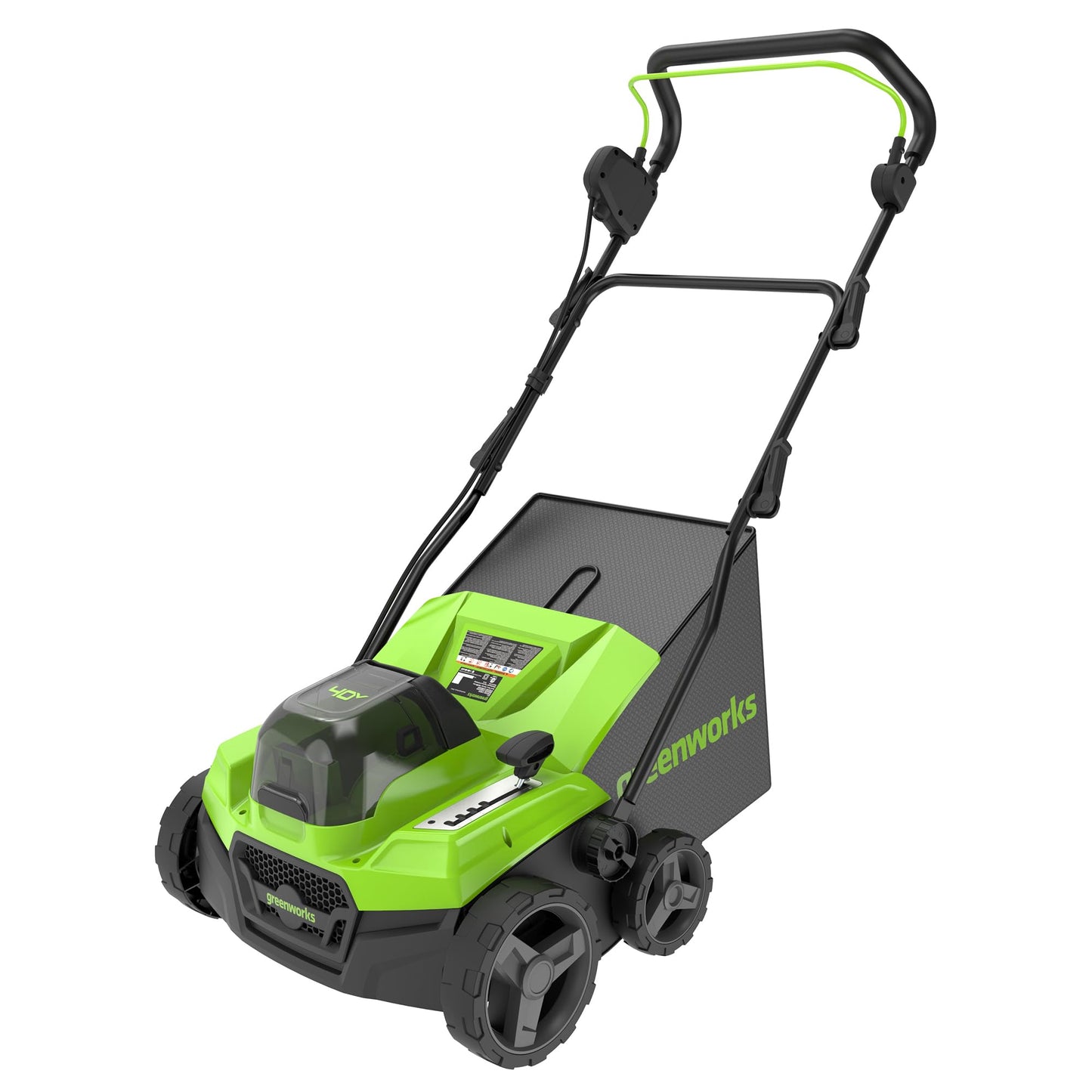 Akumulatora vertikutieris un zāliena aerators Greenworks 40V, bezsuku motors, 3100 apgr./min, 38 cm darba platums, 5 dziļumi, 45 L grozs, bez akumulatora un lādētāja, GD40SC38II