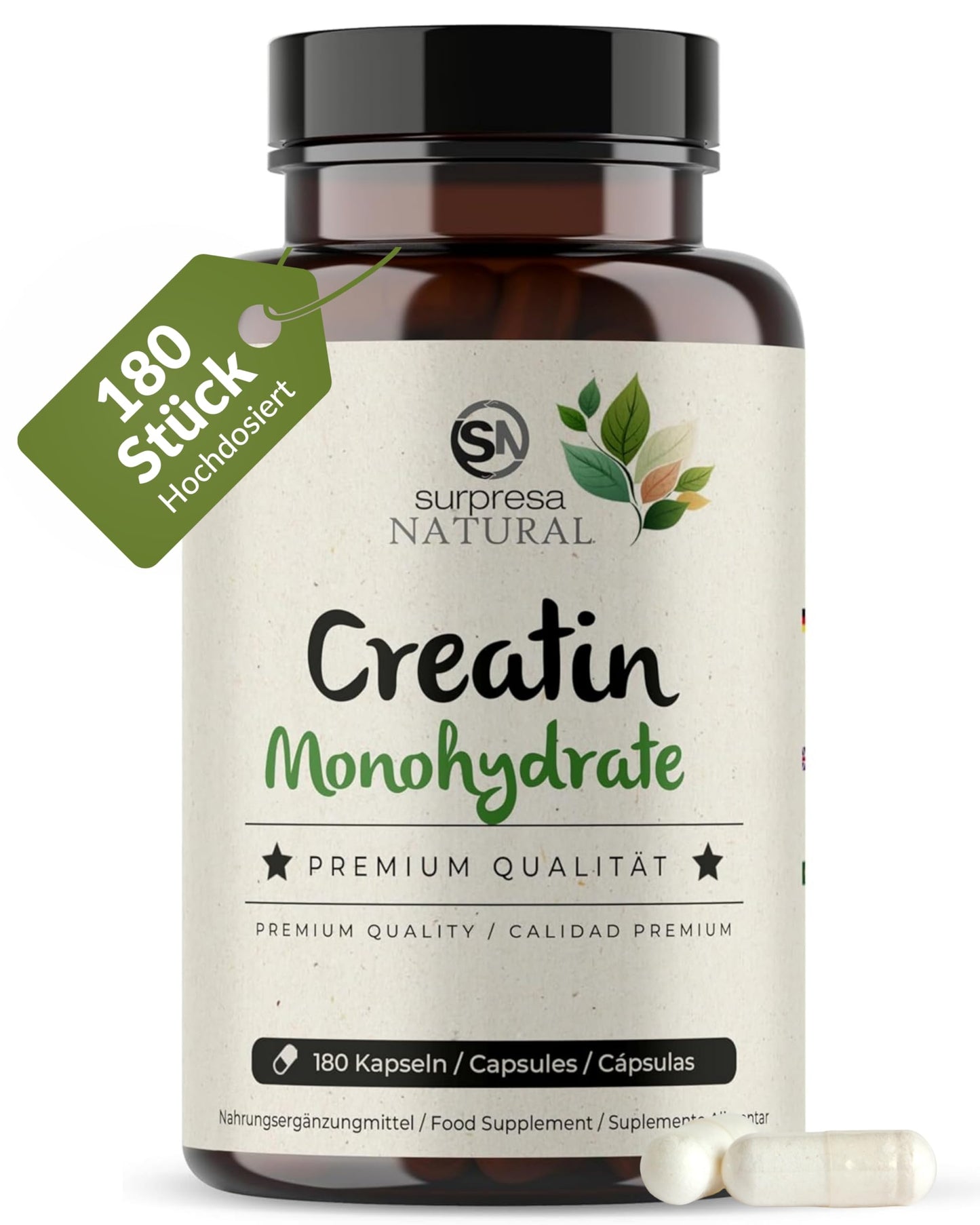 Kreatīna monohidrāta kapsulas Surpresa Natural 1 x 180 gab. Ar 3200 mg tīra kreatīna monohidrāta. Krājums 1,5 mēnešiem. Augstas kvalitātes kreatīna kapsulas, augsti dozētas un dabīgas