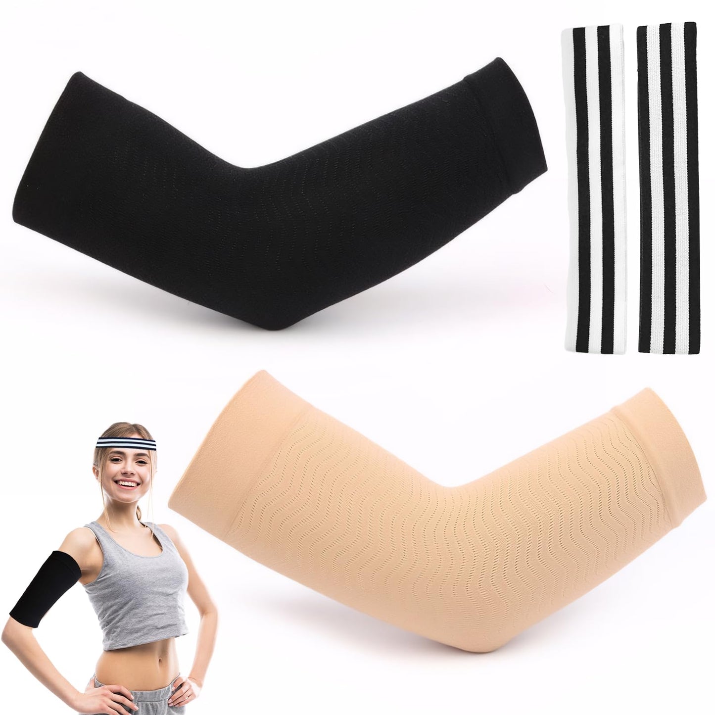 Rbleote 2 pāri augšdelma kompresijas piedurknes, arm kompresija lipedēmai, ar sporta galvas lentu, mitrumu uzsūcošas un elpojošas, piemērotas elkoņa sportam un fitnesam