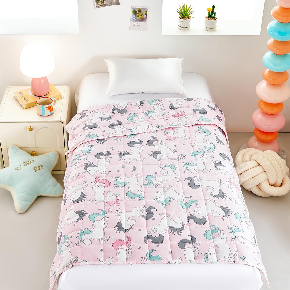 Sega Sleepymoon kokvilnas terapijas sega stresa un trauksmes mazināšanai, rozā ar vienradža rakstu (kokvilna, vienradzis, 100 * 150cm-2kg)