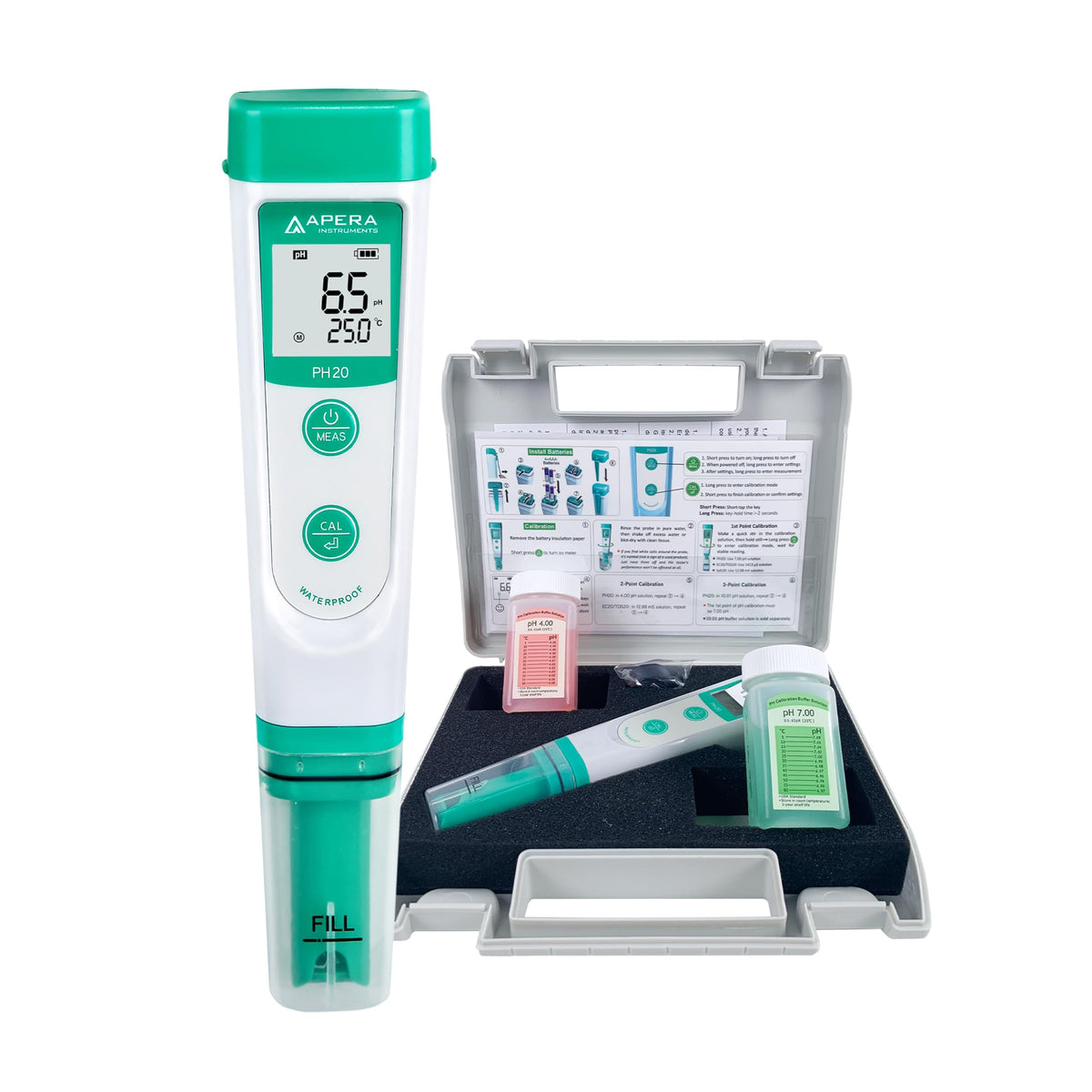 Apera Instruments PH20 pH mērītājs, kabatas izmēra mēraparāts (±0,1 pH precizitāte, 0 -14 pH diapazons, ūdensizturīgs, temperatūras displejs) komplekts ar kalibrēšanas šķīdumiem