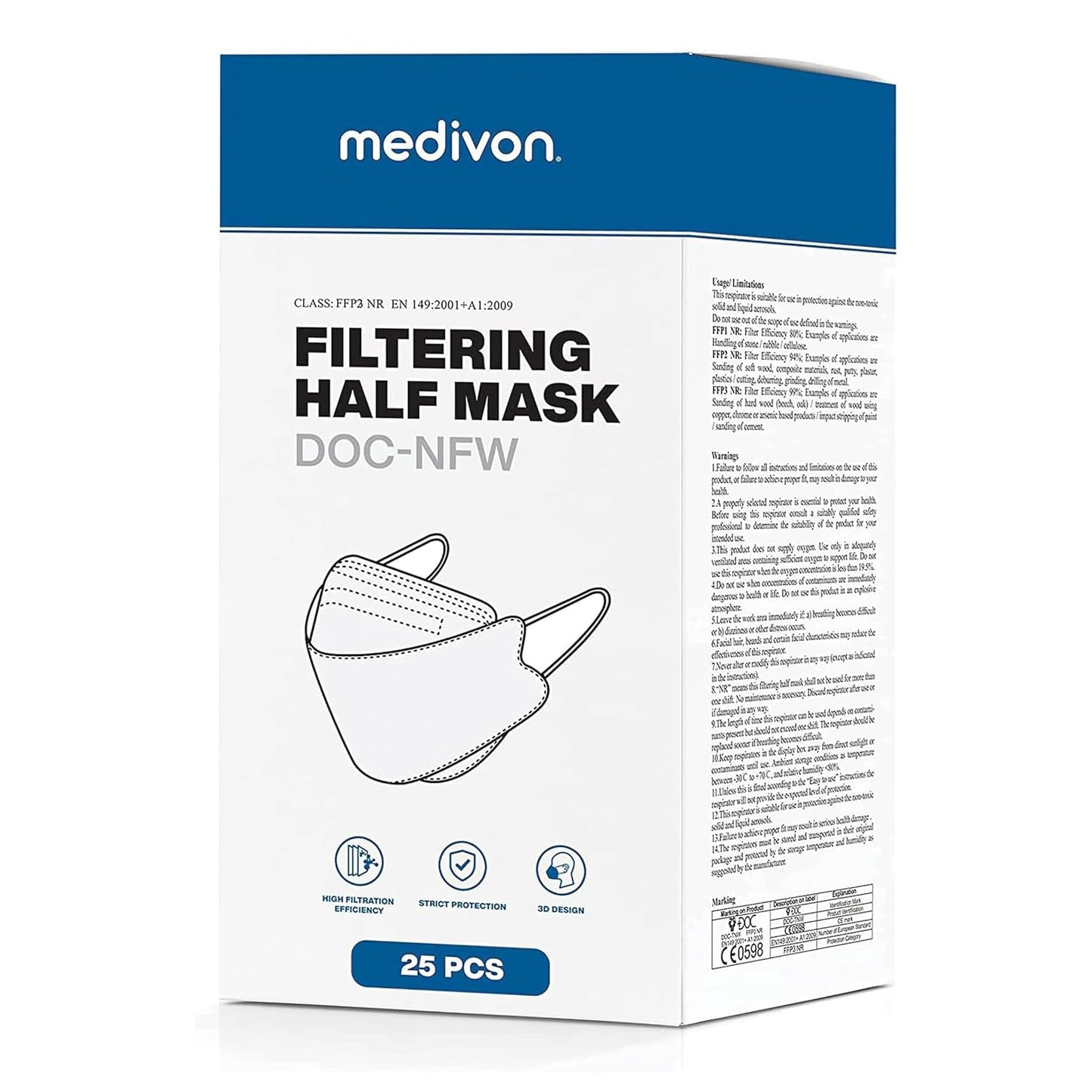 Medivon FFP2 maskas, filtrējoša pusmaska DOC-NFW, 25 gab.