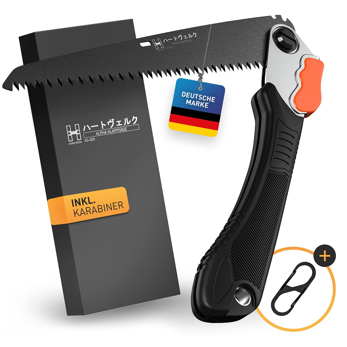 Saliekams zāģis HARDTWERK ALPHA ar Safety Lock 210mm dārzam, āra aktivitātēm un bushcraft, ar S-karabīni, roku zāģis kokam no SK5 oglekļa tērauda