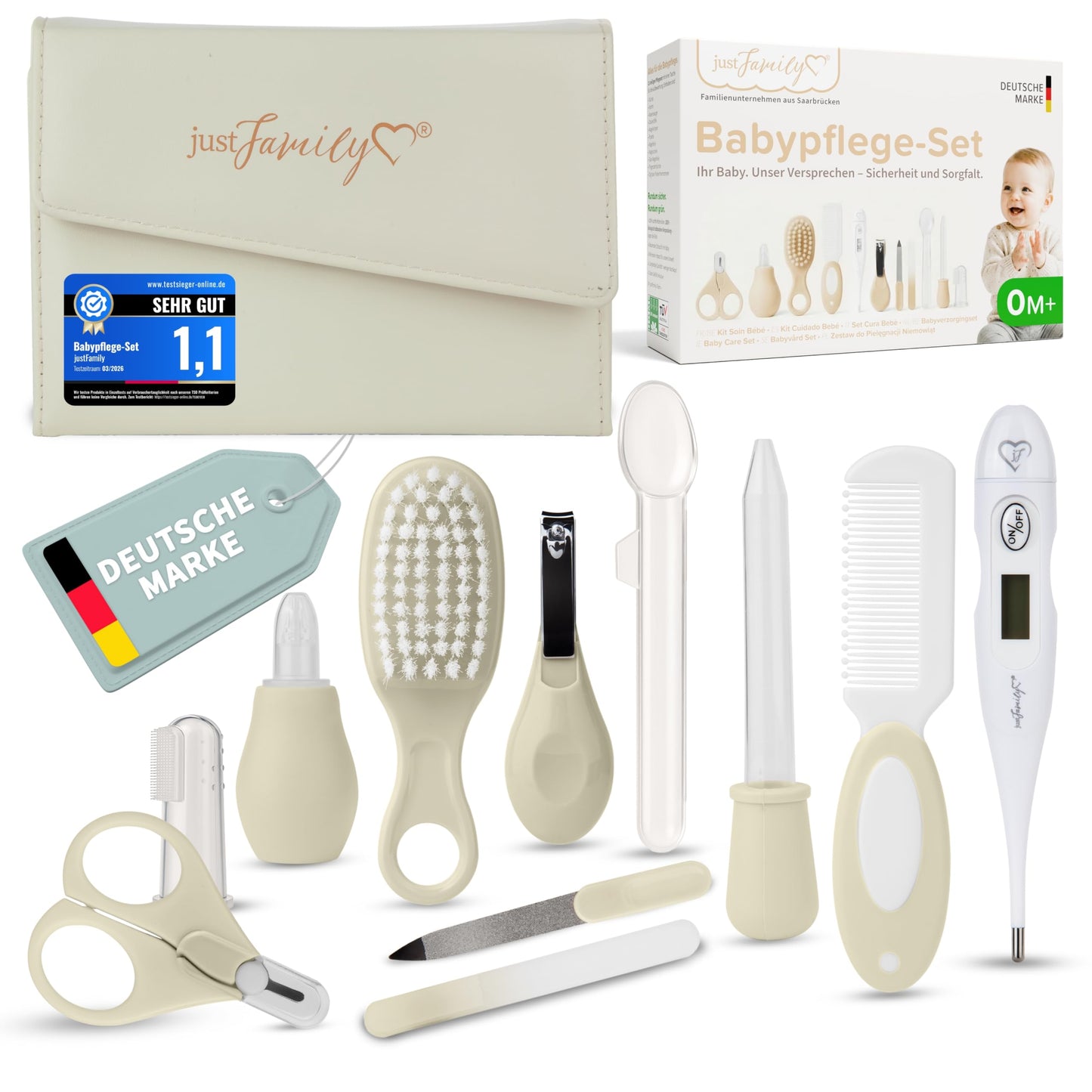 Zīdaiņu kopšanas komplekts TPFFamily jaundzimušajiem (krēmkrāsā) – 11 daļu newborn baby set ar augstas kvalitātes mazuļa nagu šķērītēm, termometru, birstīti un vēl vairāk