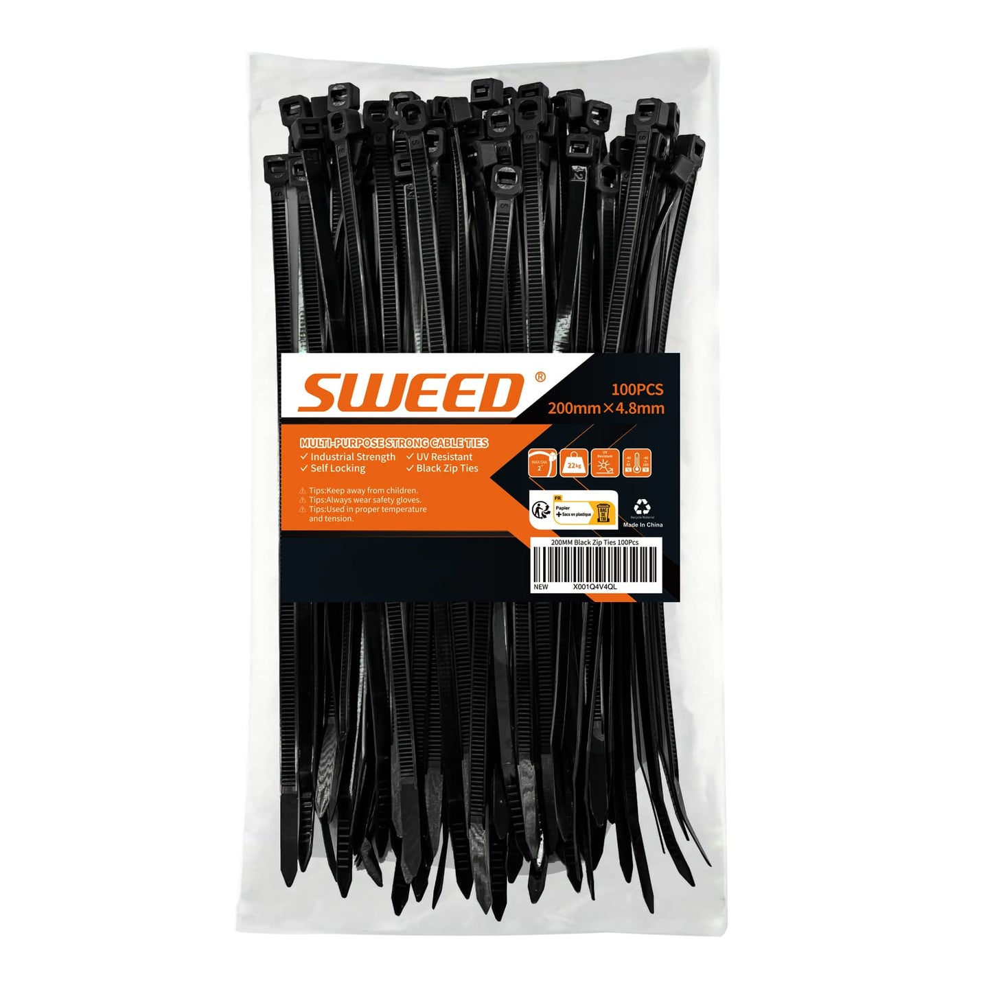Kabeļu savilcēji Sweed 100 Stück UV izturīgi melni, 200 mm izturīgi, 22 kg stiepes izturība, 4,8 mm plati, mājai, garāžai un dārzam (ZD-8-100)