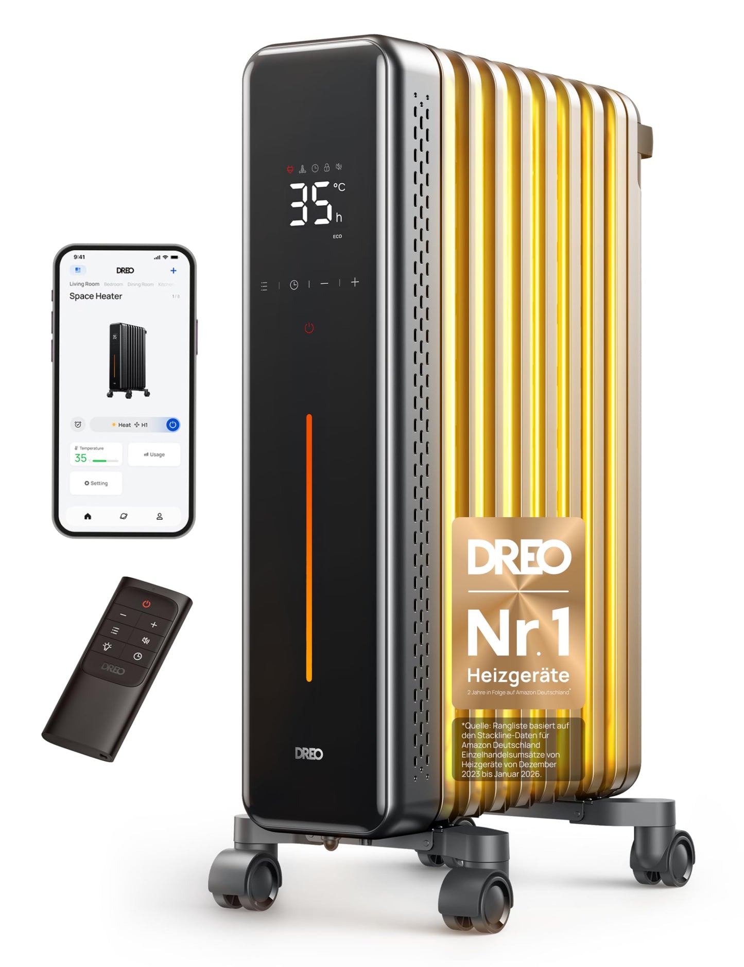 Eļļas radiators Dreo, energoefektīvs, 2000W, elektriskais sildītājs ar 9 ribām, 3 sildīšanas līmeņiem, 4 režīmiem, 24h taimeri, pārkaršanas un apgāšanās aizsardzību, kluss radiators, OH521