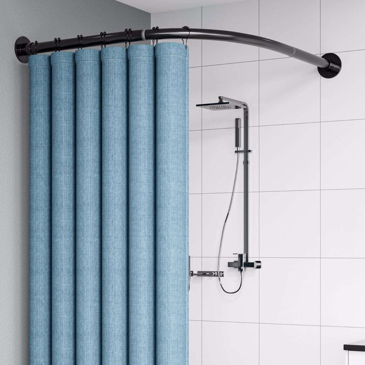 Dušas aizkaru stanga, L formas melna teleskopiska stanga no 304 nerūsējošā tērauda, uzstādīšana bez urbšanas, regulējama 70-95cm x 70-95cm