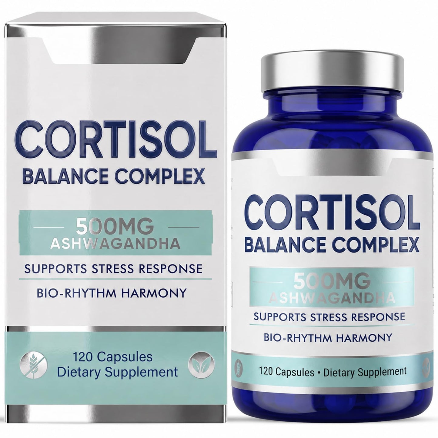 Kortizola kapsulas ar 500 mg Ashwagandha, augu līdzsvara komplekss iekšējam mieram un kognitīvai harmonijai, premium pretstresa atbalsts ikdienai, 120 vegāniskas kapsulas