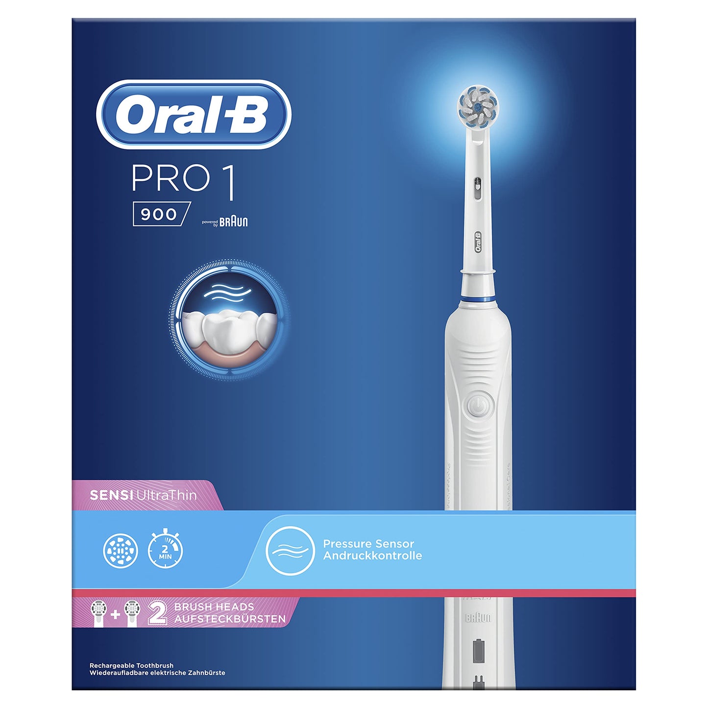 Oral-B PRO 1 900 Sensi UltraThin uzlādējama elektriskā zobu birste, 1 rokturis, 2 uzlikamās birstes, balta