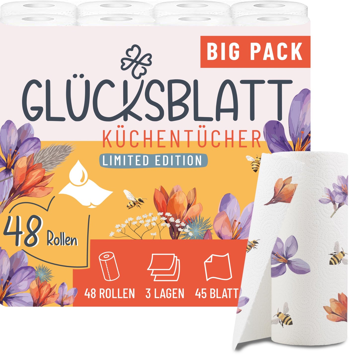 Papīra virtuves dvieļi Glücksblatt ar motīviem, 3 kārtas, 48 ruļļi x 45 loksnes