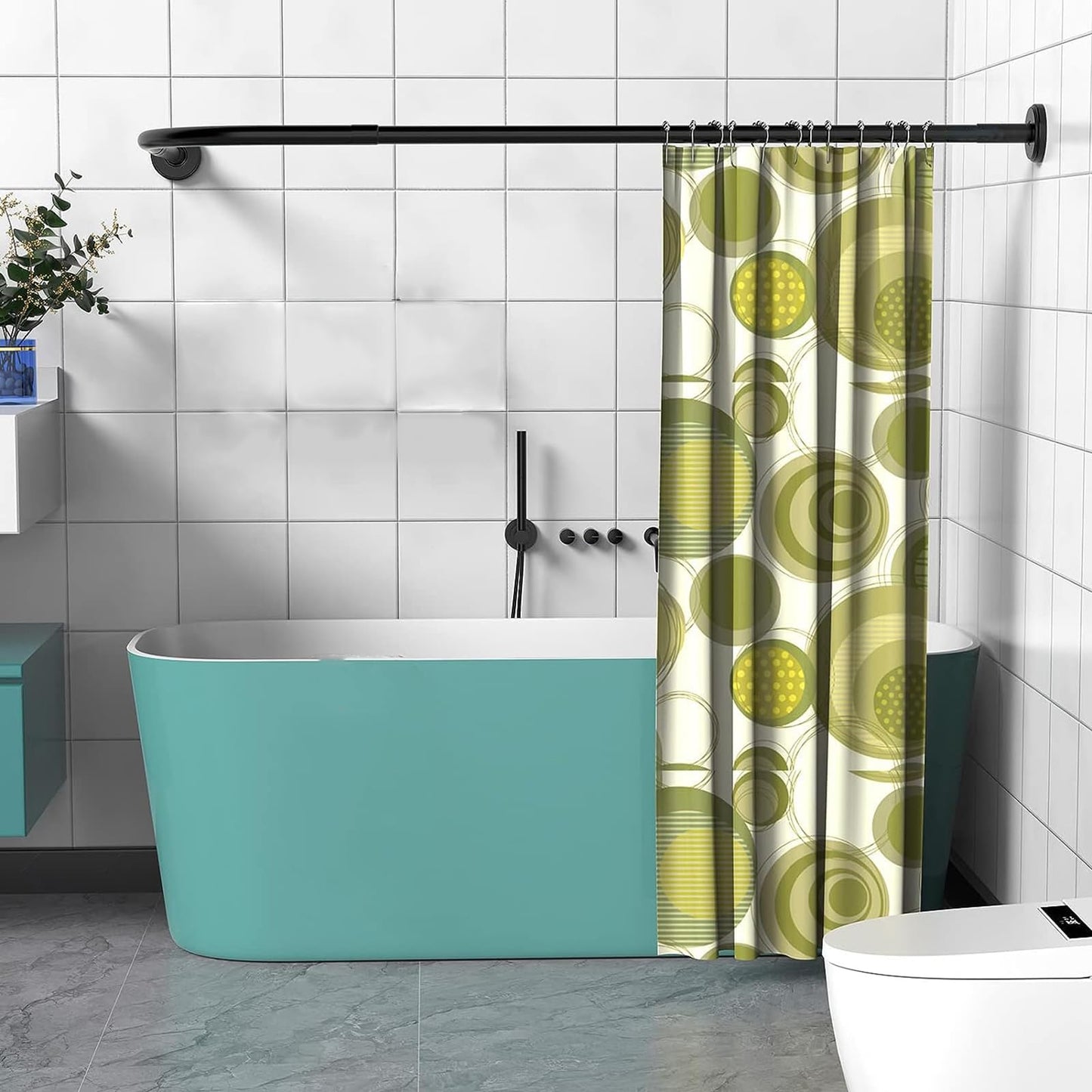 L formas dušas aizkara stienis vannas istabai un vannai, regulējams 70–95 cm × 105–165 cm, melns, ar nerūsējošā tērauda gredzeniem, bez urbšanas