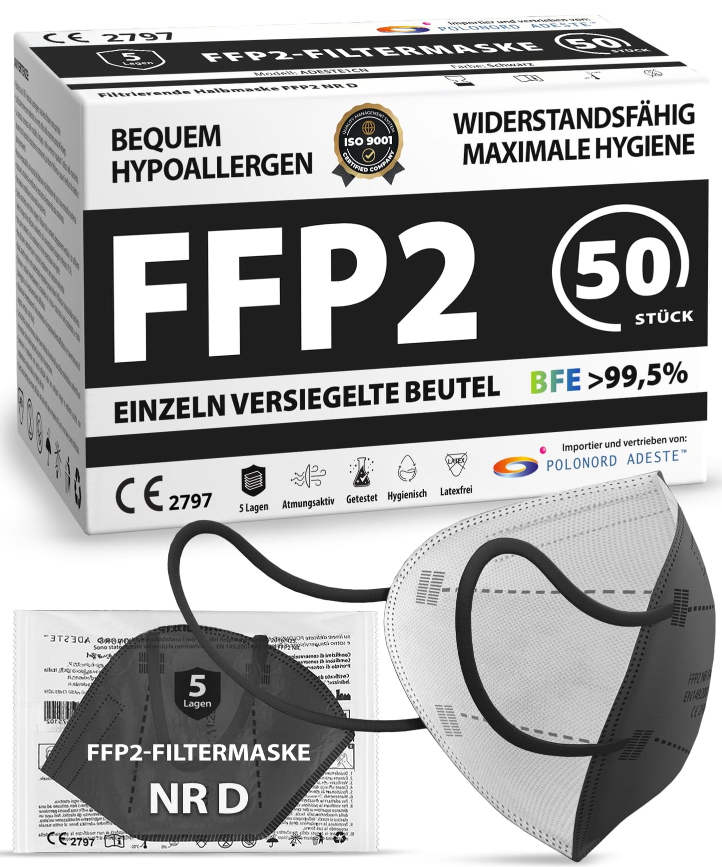 Polonord Adeste FFP2 maska, melna, 50 gab., CE sertificēta, atsevišķi iepakoti maisiņi