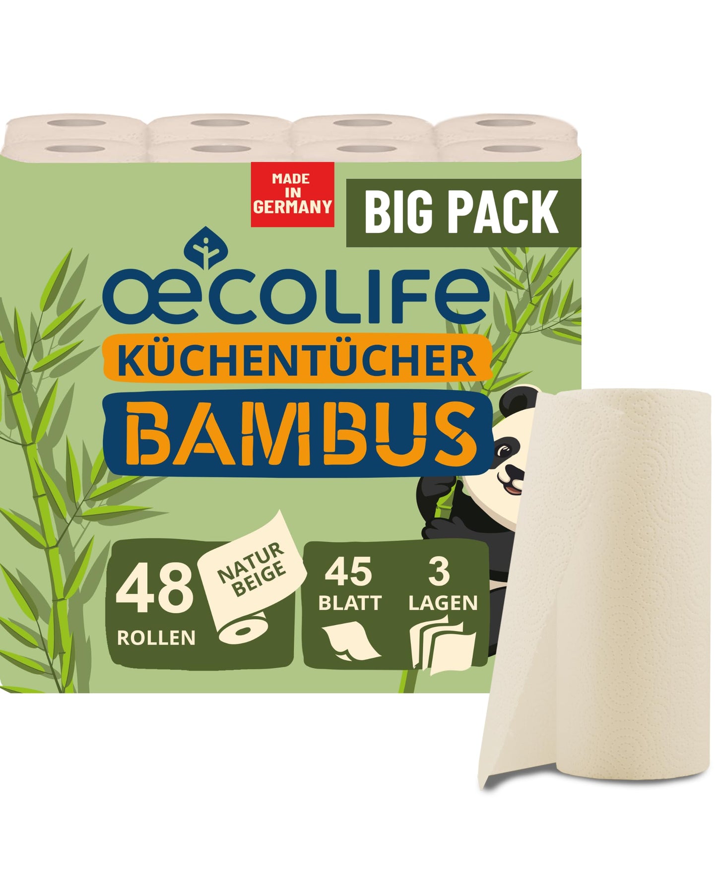 Bambusa virtuves papīra dvieļi œcolife, 3 kārtas, 48 ruļļi x 45 loksnes, nebalināti