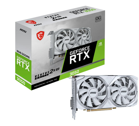 MSI GeForce RTX 3050 Ventus 2X XS White 8G OC - 8GB GDDR6, 128-bit, 14 Gbps, dual-fan cooling design.